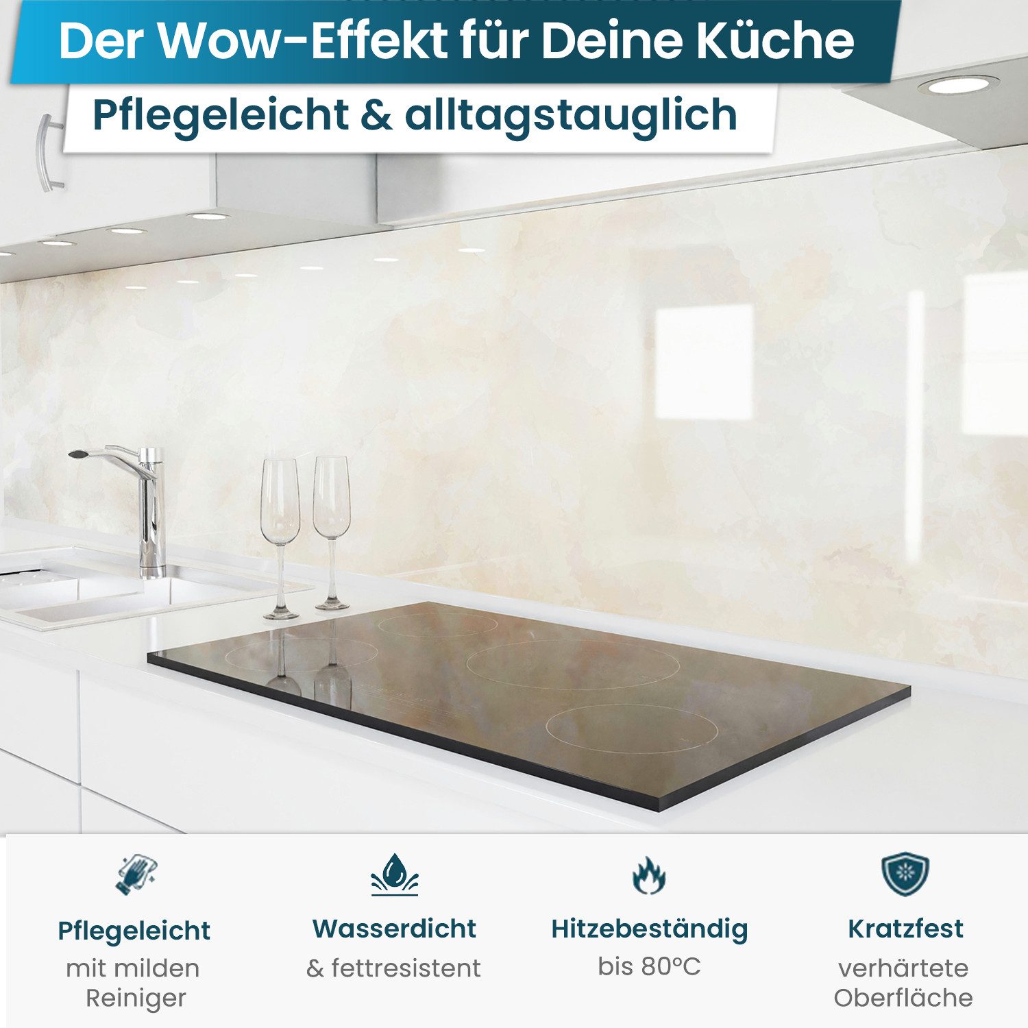danario Küchenrückwand Folie selbstklebend, Glasoptik, Spritzschutz Küche, ablösbar - 0,8 mm