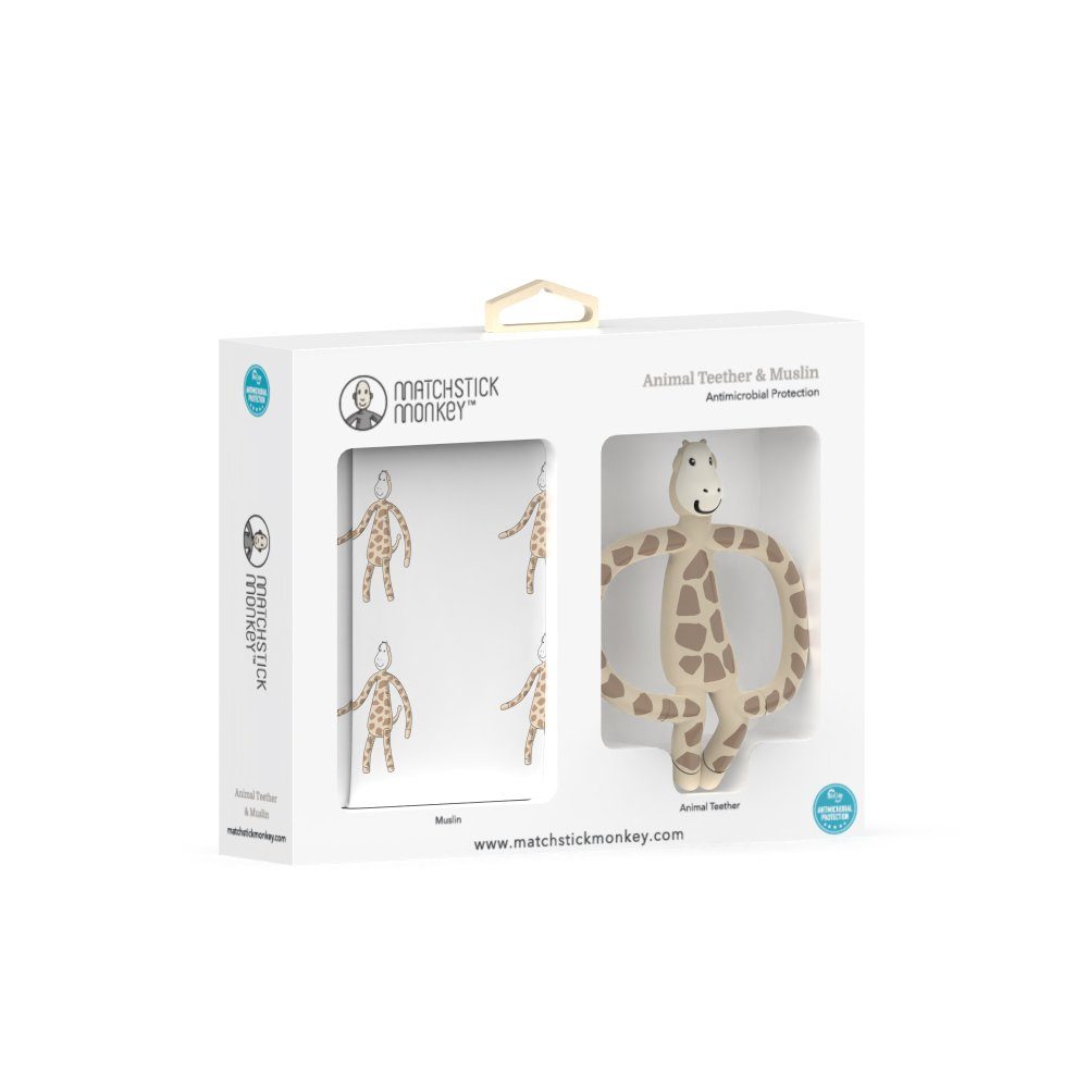 Beißring Matchstick Monkey Geschenkset Tier-Beißring & Musselin-Tuch