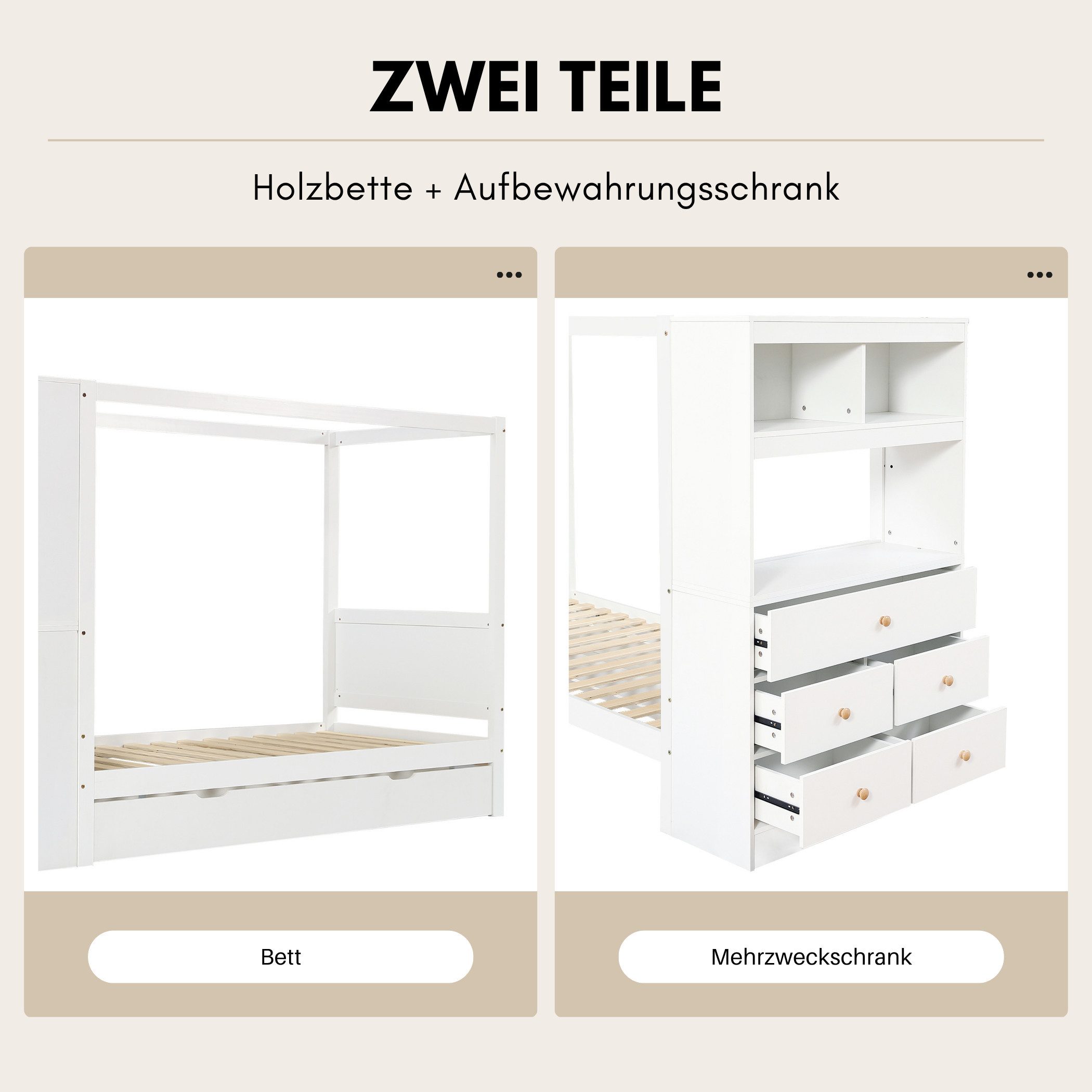 SeedWave Holzbett Mehrzweck Tagesbett Himmelbett mit Bettkästen, Bücherregal, 90×200cm, Kinderbett mit Aufbewahrungsschrank inkl. 5 Schubladen, offene Fächer