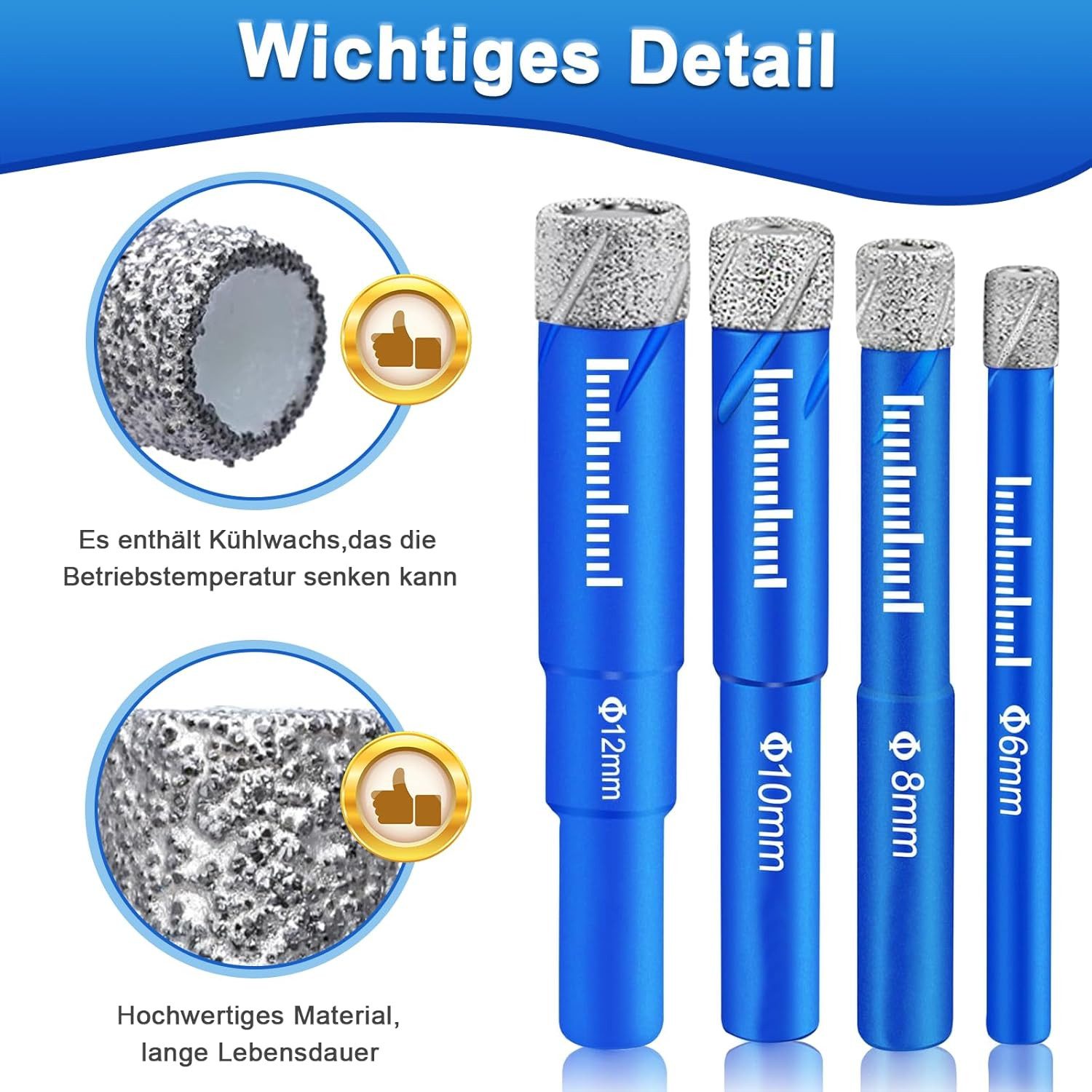 AFKSMILE Bohrersatz Fliesenbohrer Diamantbohrer Glasbohrer Set, 5, 6, 8, 10, 12 mm, (6-tlg), Feinsteinzeug Diamant Fliesen Bohrer und 6mm Metall Bohren, Glasbohrer