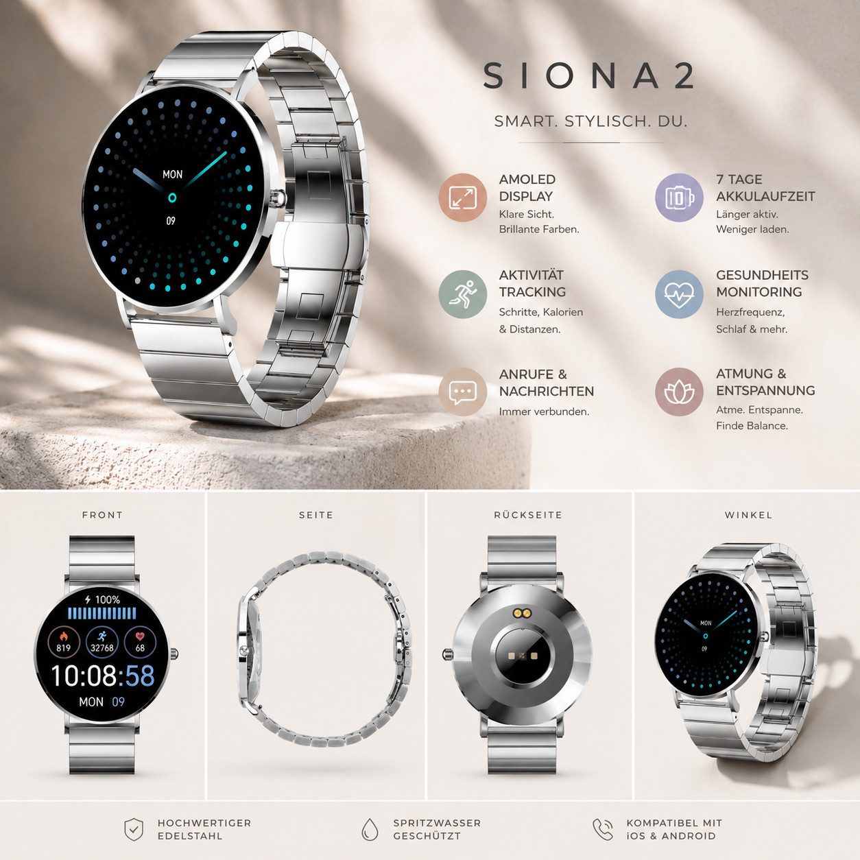 XCOAST SIONA2 UNISEX Smartwatch (4,2 cm/1,3 Zoll, iOS, Android), Edelstahl, 7 Tage Akku, Wasserdicht, Flach, Puls/Blutdruck, 7 Tage Akku, AMOLED, Edelstahl