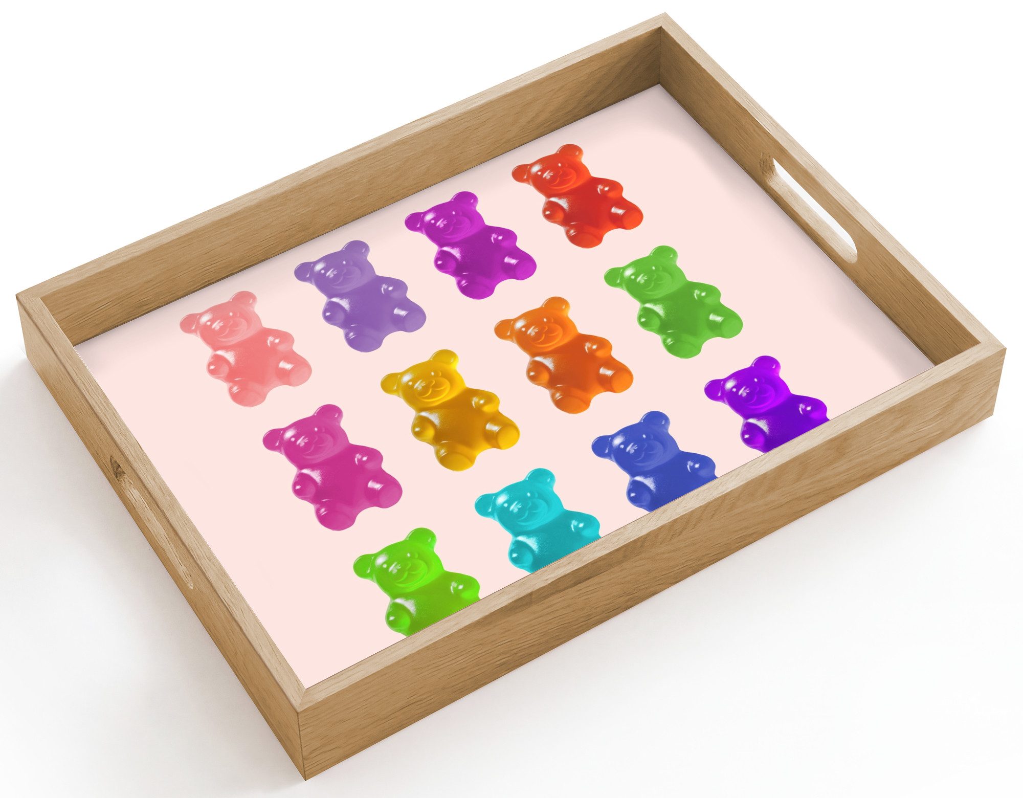 OnlyWow Tablett Rechteckig mit Henkel Bär - Bunt - Bonbon, Eichenholz, (1-tlg), Siervierplatte, Tray, Frühstücksbrett