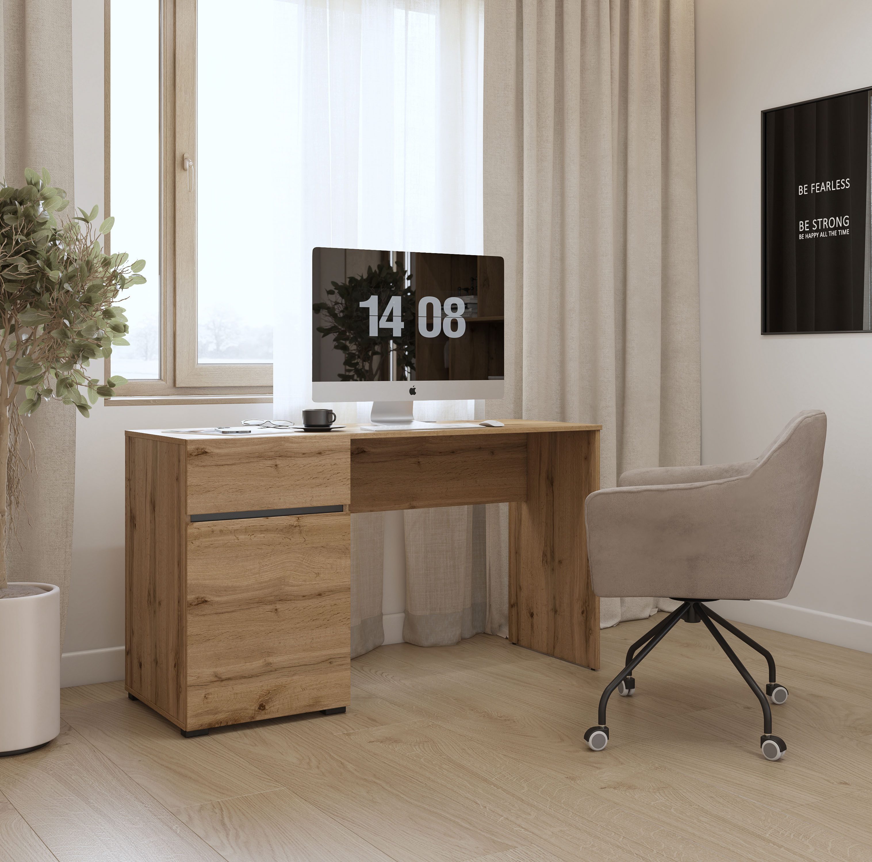 OTTO home Schreibtisch Cross, Breite 130 cm, praktischer Computertisch, Bürotisch mit 1 Schublade und Tür, Tischplatte mit Kabeldurchführung