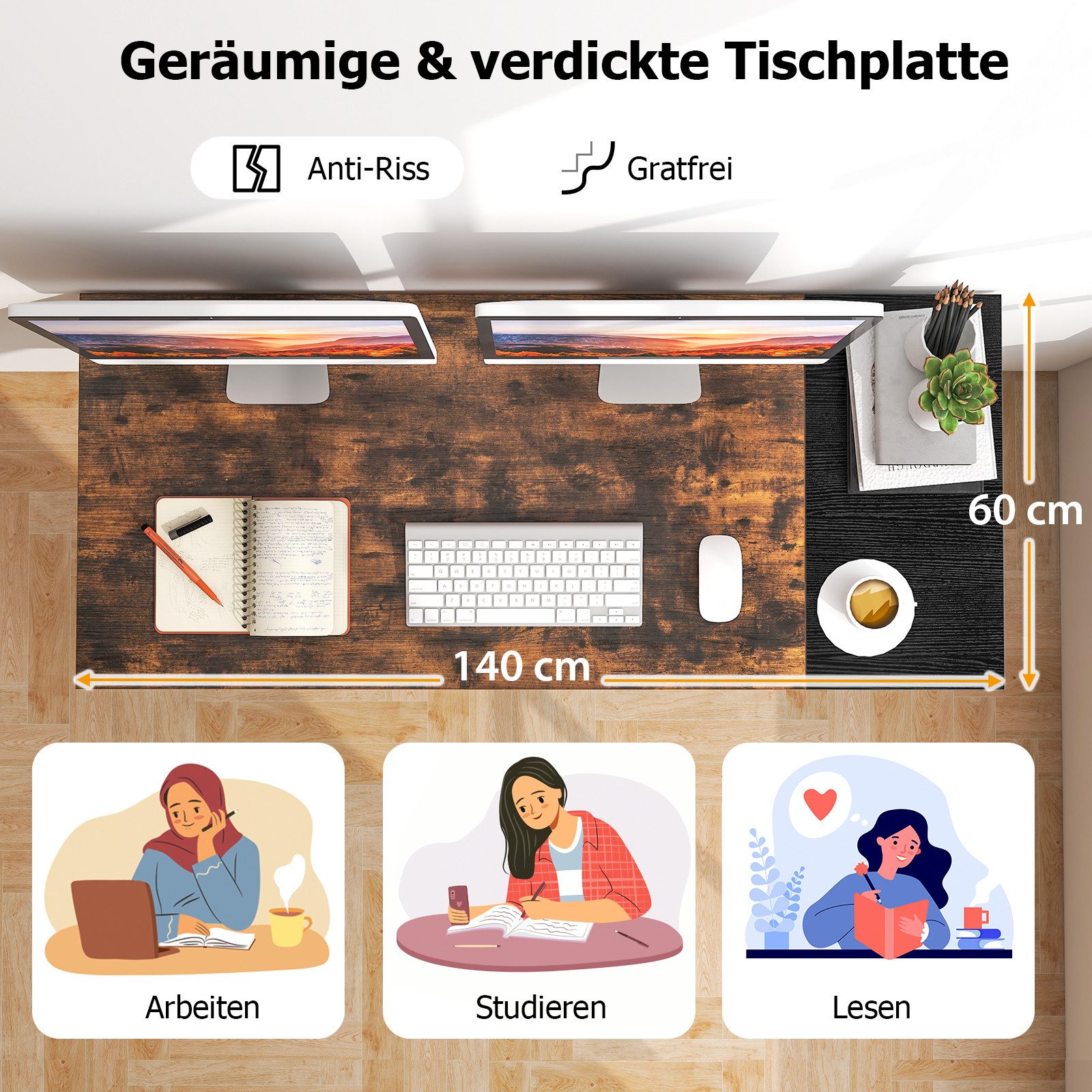 KOMFOTTEU Computertisch, mit Kopfhörerhaken, Regal & 2 Schubladen