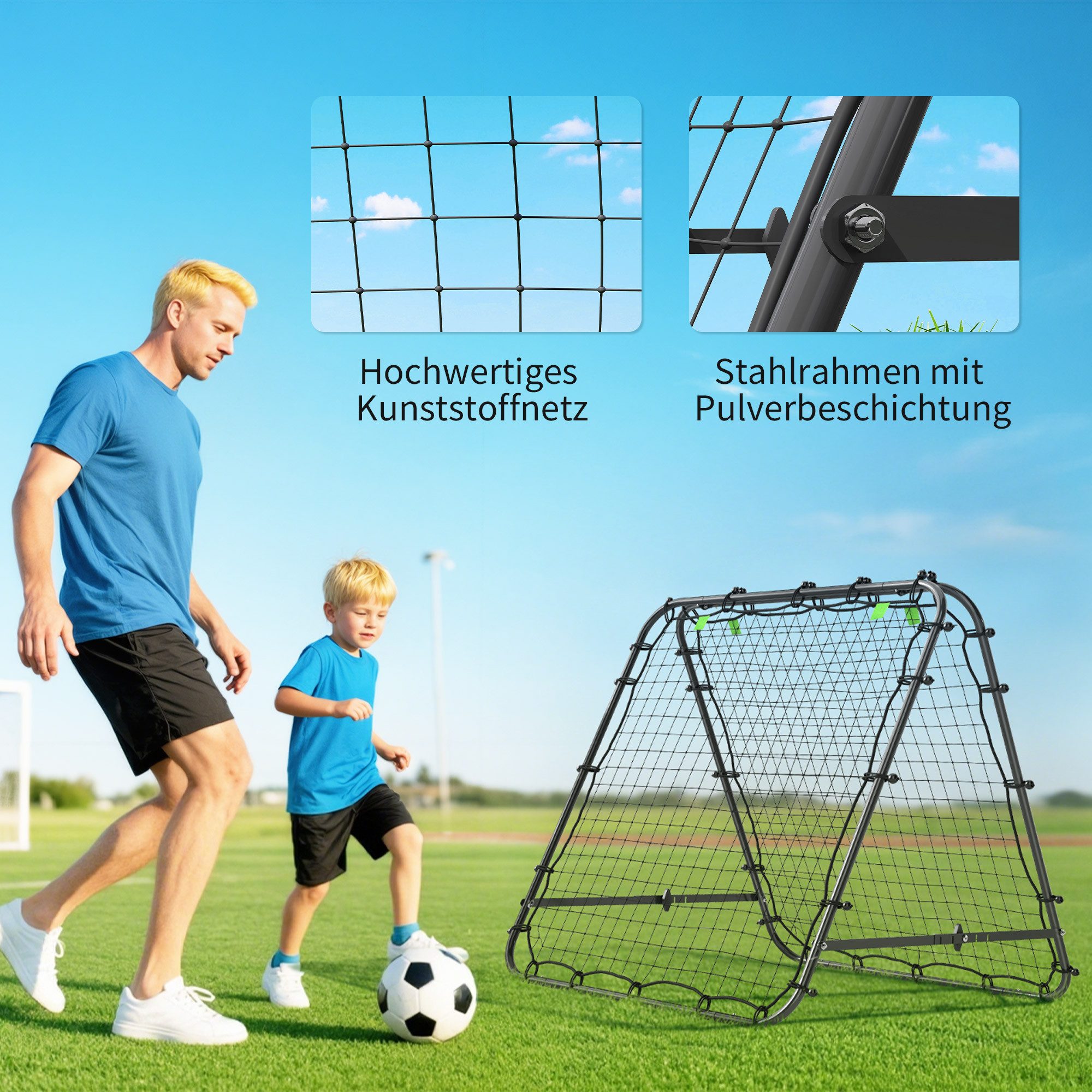 HOMCOM Rebounder beidseitiger Rückprall, Verstellbar in 5 Stufen, (Kickback Tor, 1-St., Fußball Rebounder), für Fußball Training Stahl Schwarz 100 x 95 x 90 cm