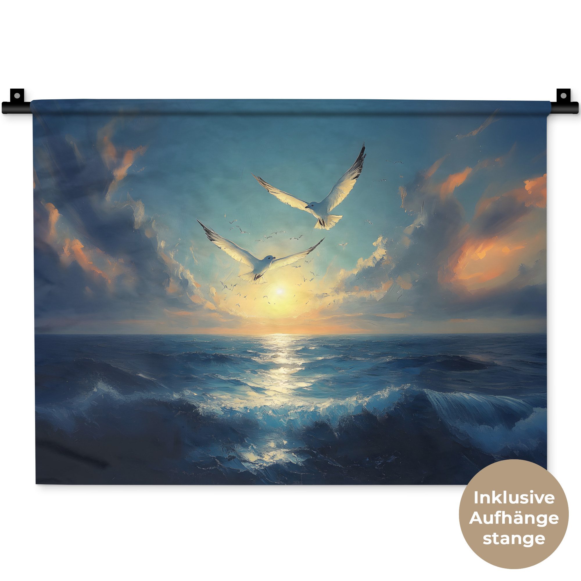 MuchoWow Wandteppich Möwen - Meer - Wolken -Blau, Rechteckig, Höhe: 3 mm, Wanddeko Teppich Wohnzimmer, Schlafzimmer, 60x45 cm