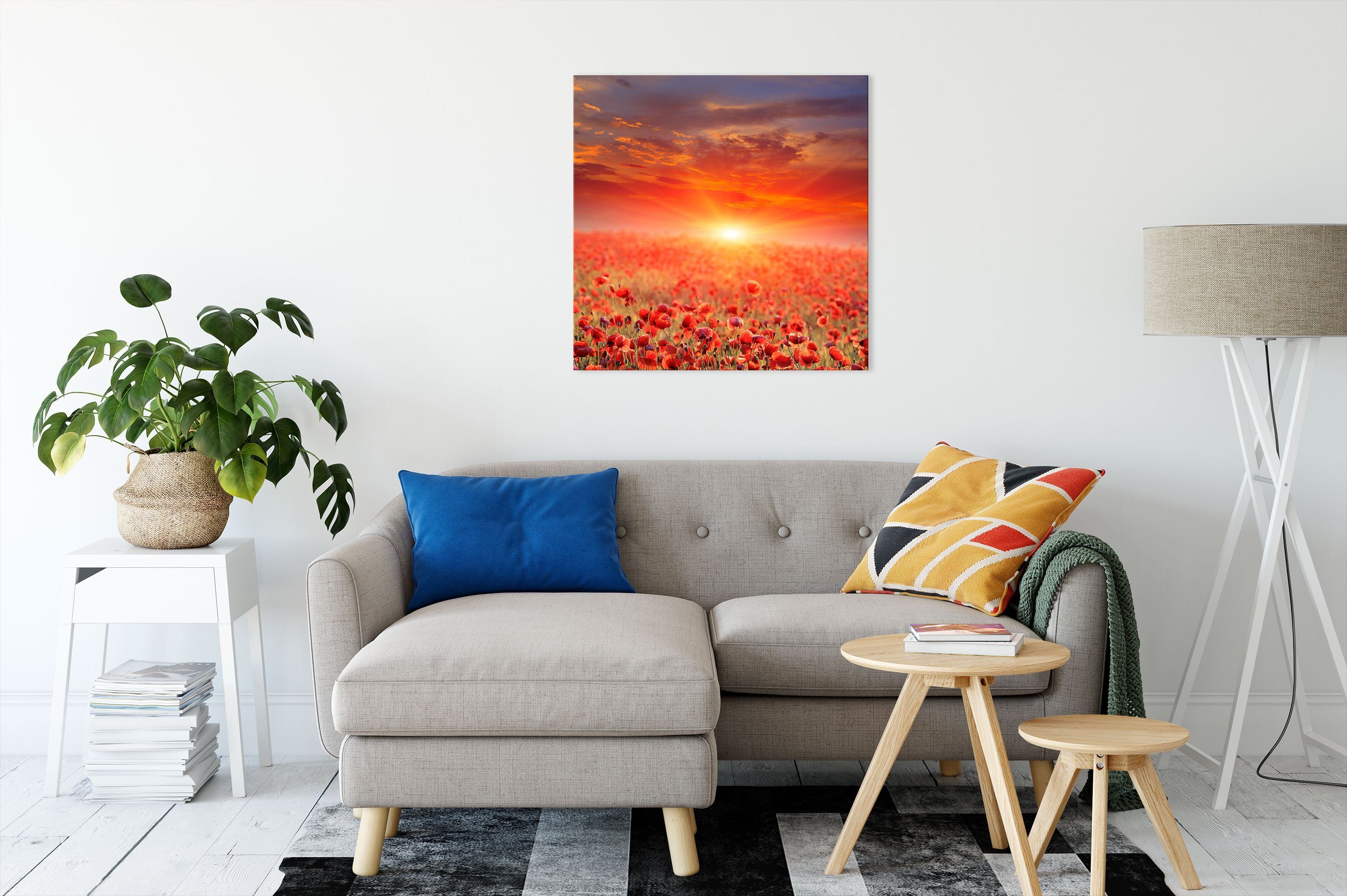 St), Pixxprint bei inkl. Sonnenuntergang, (1 fertig bespannt, Mohnblütenfeld Leinwandbild Mohnblütenfeld Sonnenuntergang Zackenaufhänger Leinwandbild bei