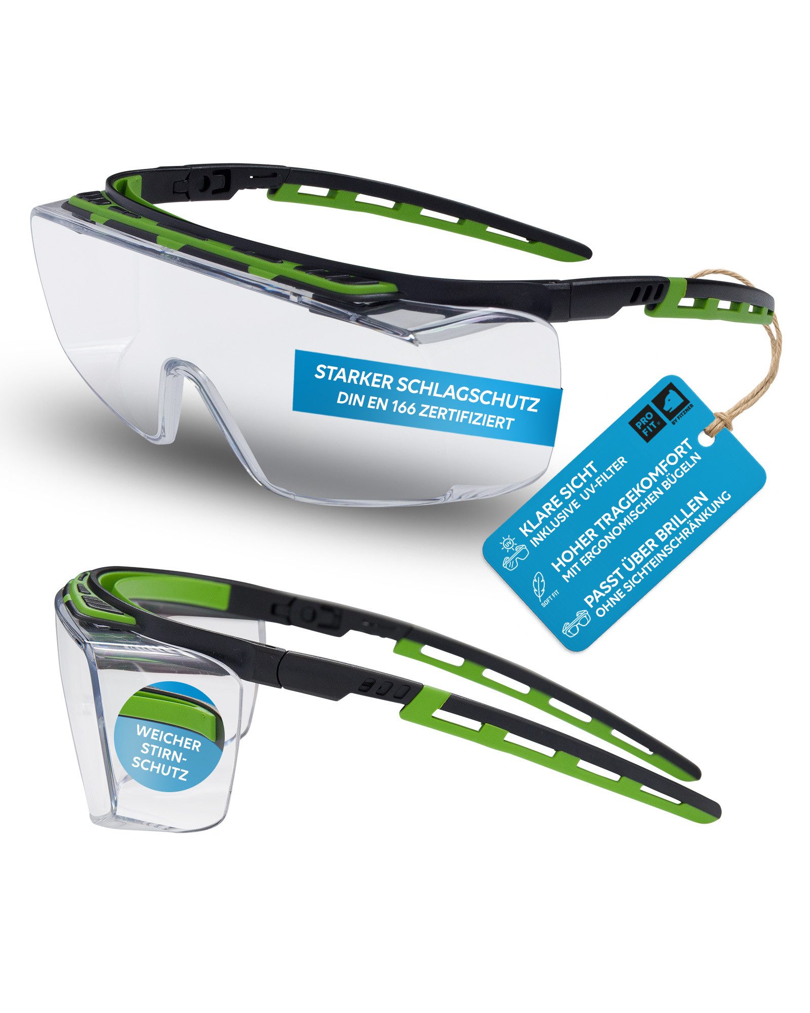 PRO FIT Arbeitsschutzbrille mit großer & klarer Scheibe, für Brillenträger - Schwarz/Grün, Kratzfest & Beschlagfrei, UV-Schutz