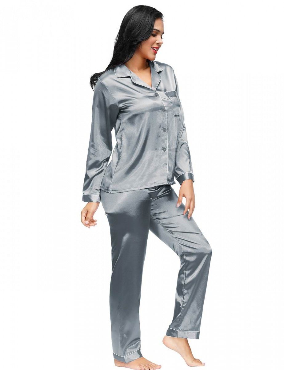 Lau-Fashion Nachtwäsche Grau Pyjama Langarm Pyjama zweiteilig Schlafanzug S/M Satin