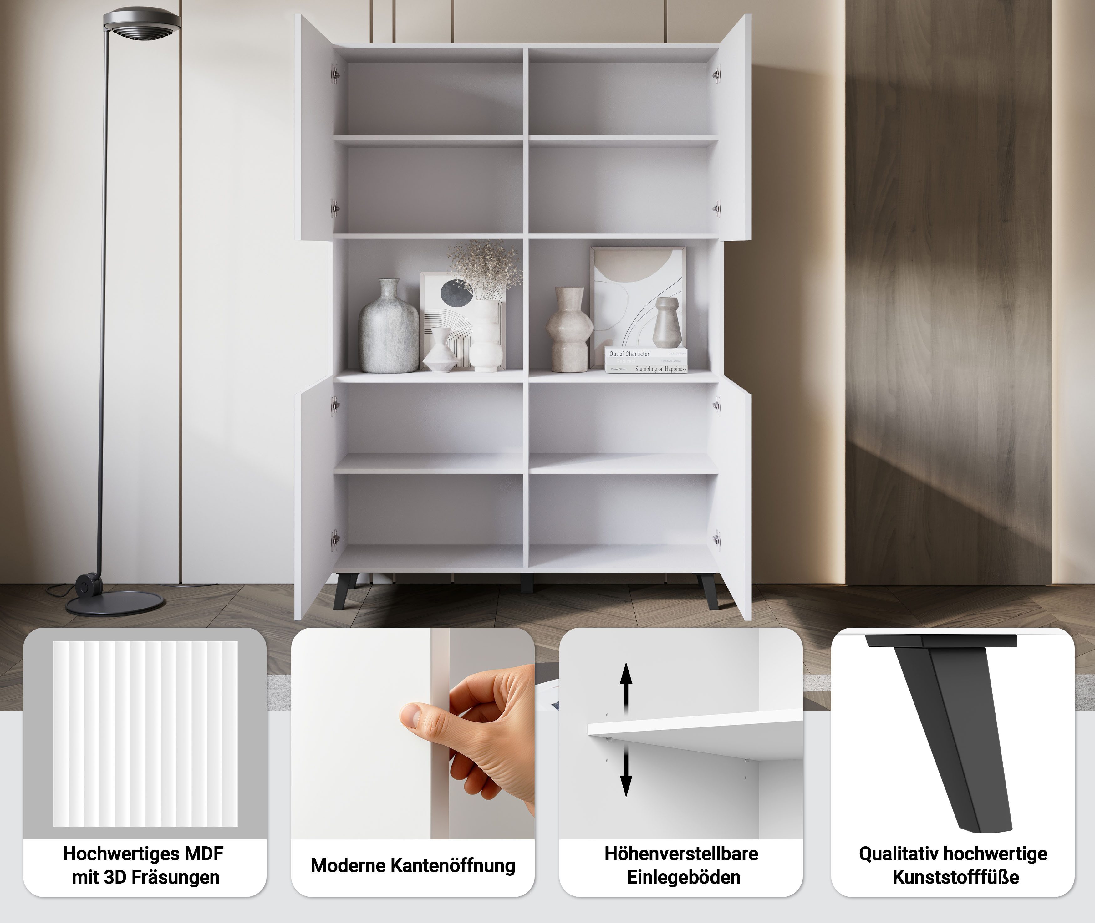 Home affaire Highboard Phuket, Front MDF, Moderne Hochkommode ohne Griffe mit 10 Fächern, Breite 120 cm