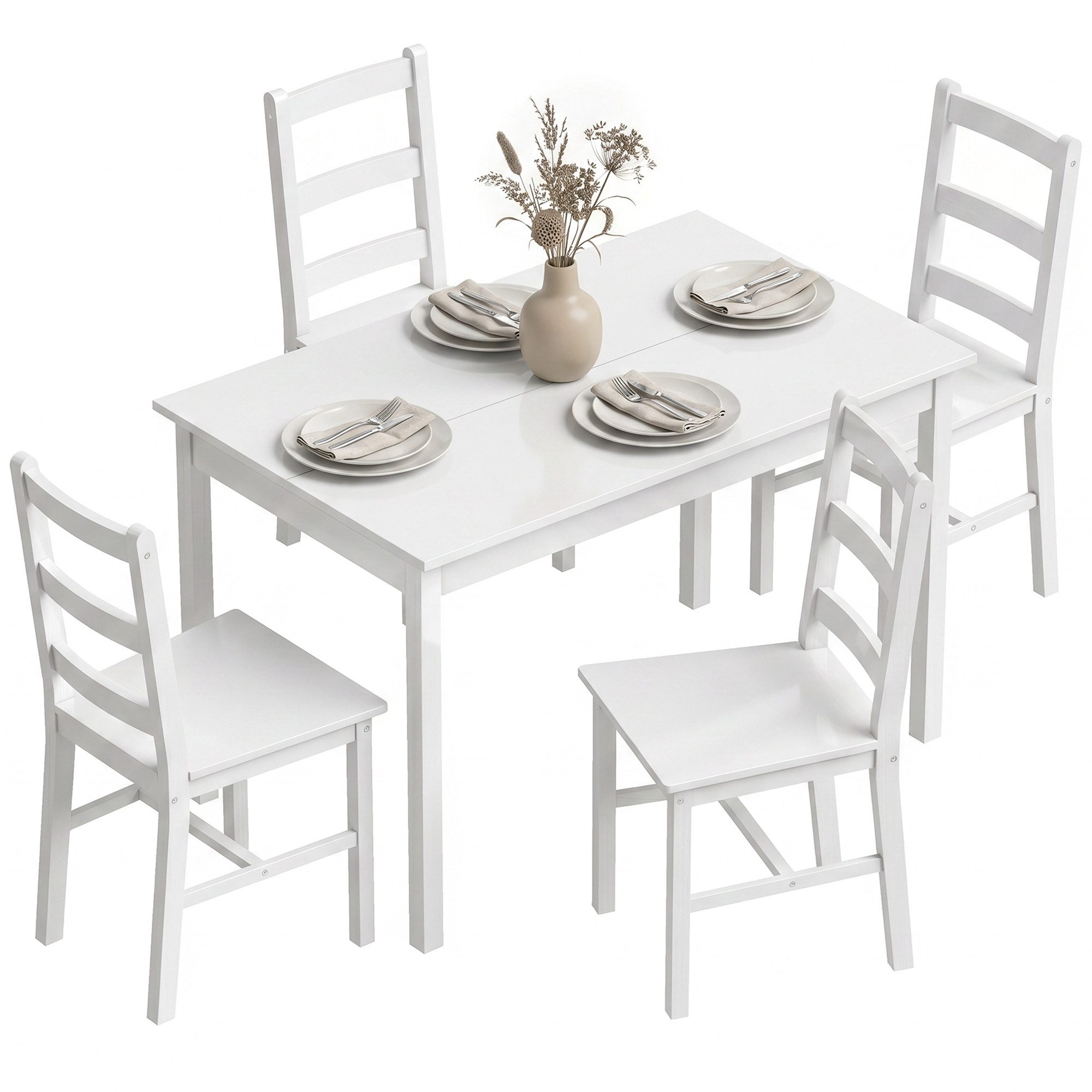 HOMCOM Essgruppe Esszimmergruppe aus Kiefernholz, (Holztisch, 5-tlg., 1 Tisch, 4 Stühle), für Kleine Räume, Esszimmer, Küche, Wohnzimmer, Weiß