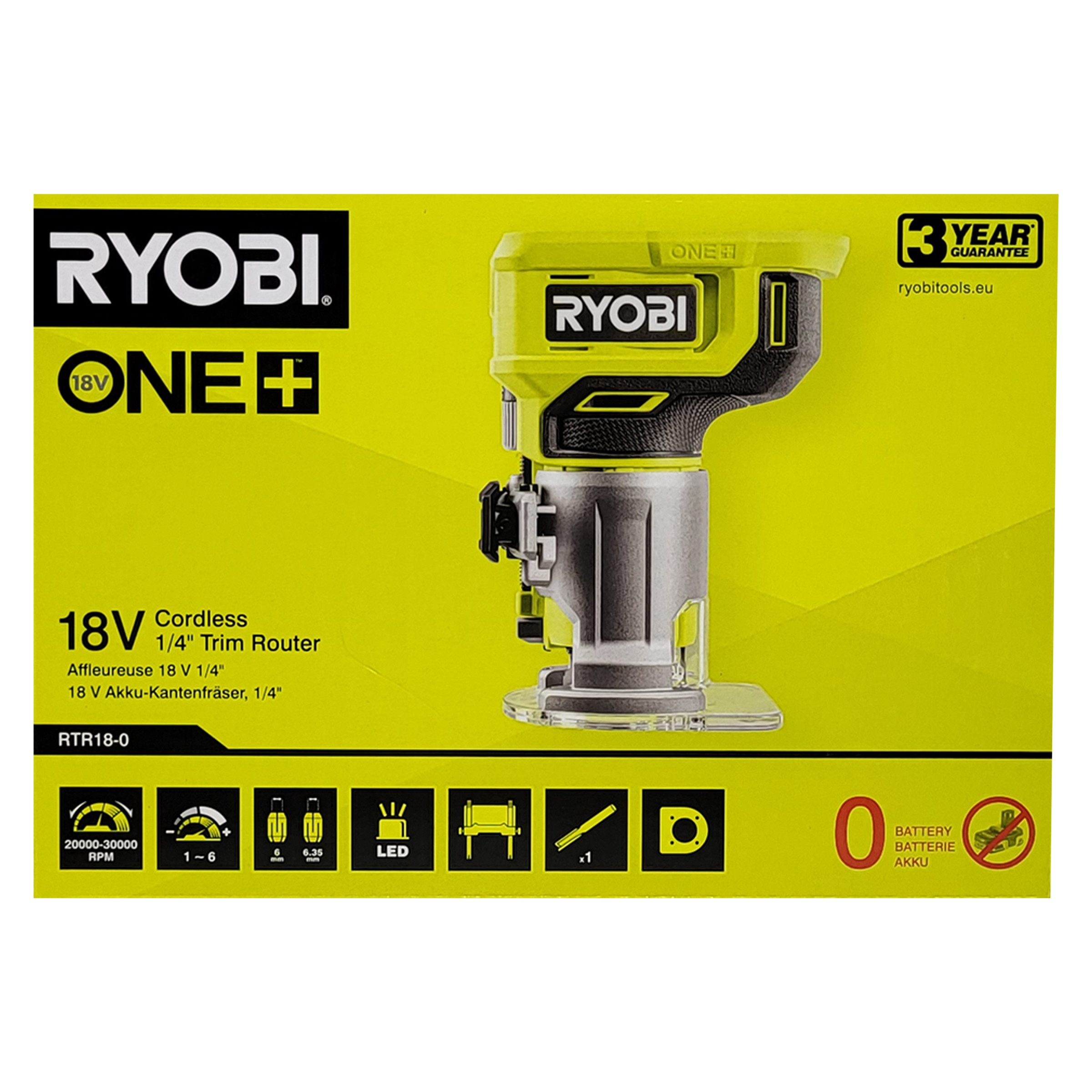 Ryobi Oberfräse Ryobi RTR18-0 - Akku-Oberfräse 18 V ONE+ (ohne Akku und Ladegerät), (1-tlg)