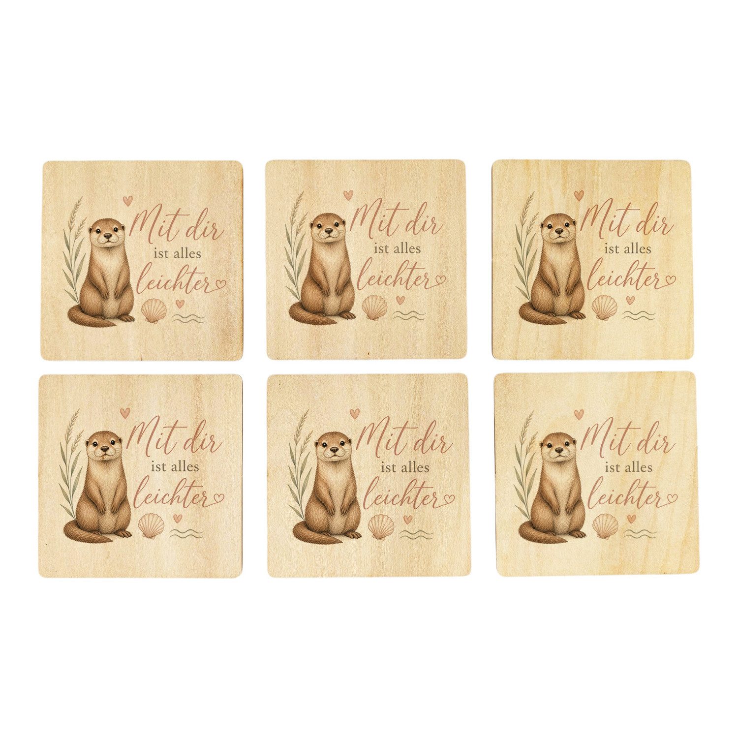 speecheese Glasuntersetzer 6er Set Untersetzer Holz Mit dir leichter Muschel und Wellen Spruch: