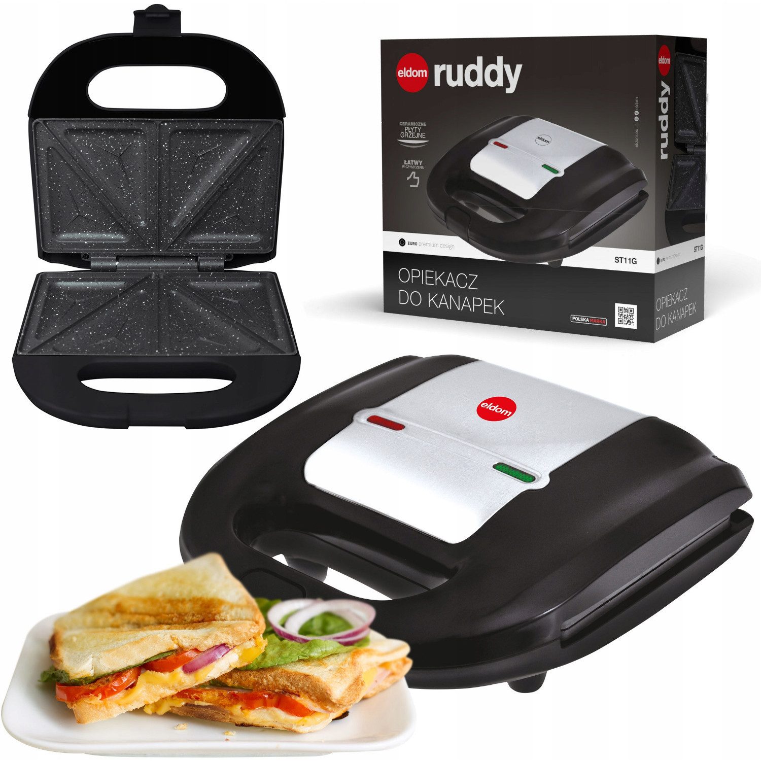 ELDOM Sandwichmaker ST11G antihaftbeschichtete Keramikoberfläche, 750 W, blitzschnelle Reinigung, LED-Anzeigeleuchte, rutschfeste Füße