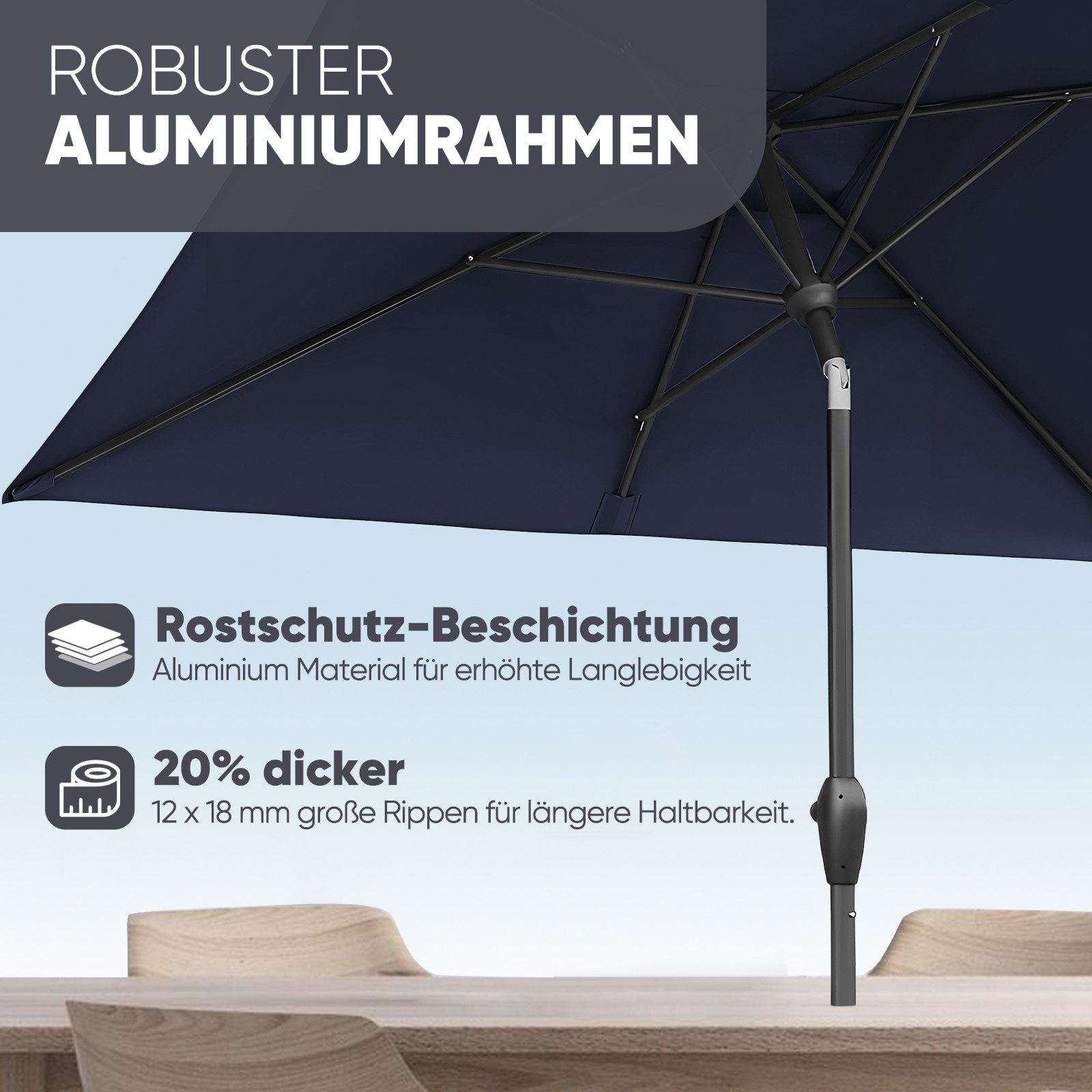 Sekey Sonnenschirm 210 x 140 cm Aluminum Sonnenschirm Rechteckig Marktschirm mit Kurbel, LxB: 210,00x140,00 cm, mit/ohne LED-Lichtern, Sonnenschutz UV50+, Gartenschirm Knickbar