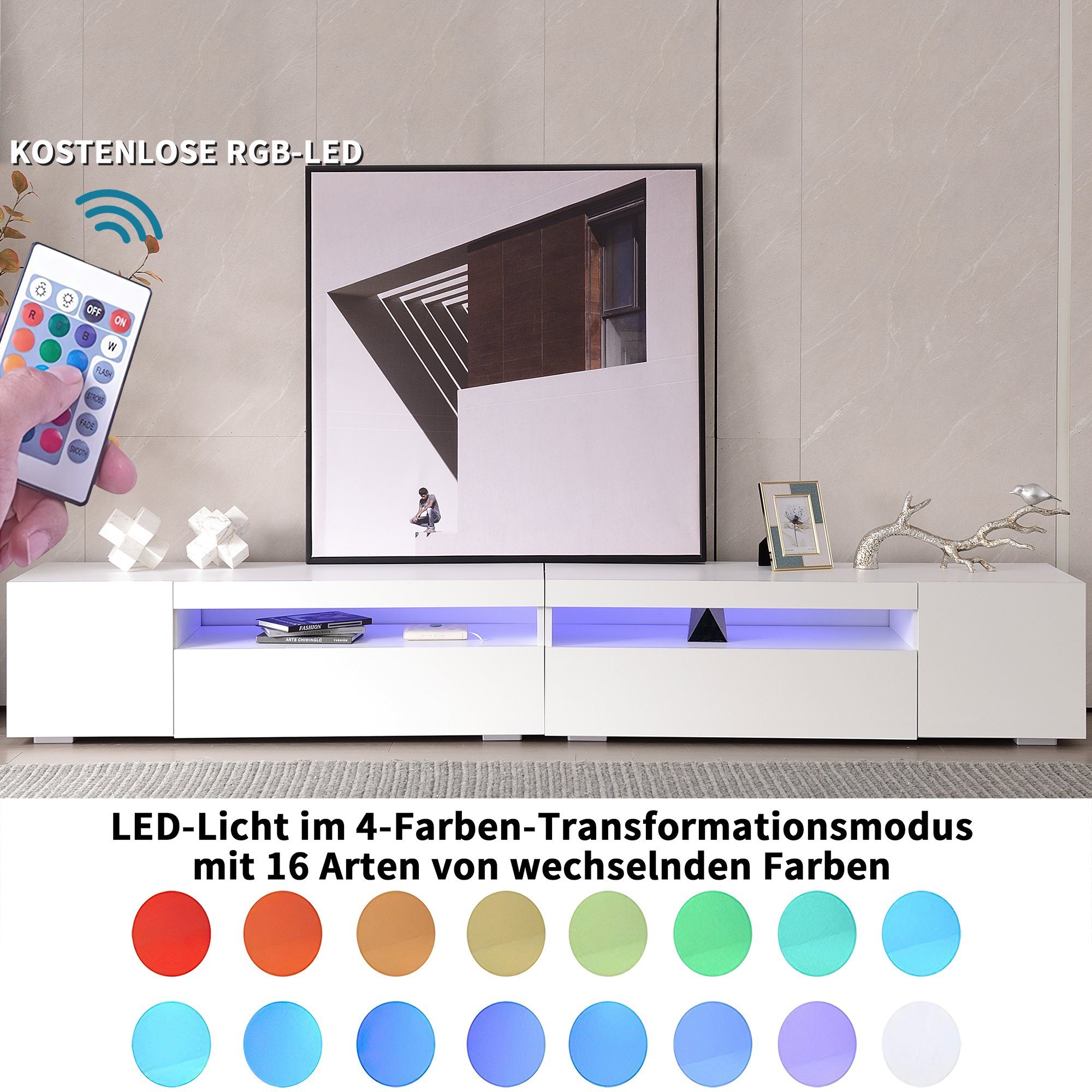HAUSS SPLOE TV-Schrank TV-Lowboards TV Schrank Fernsehschrank TV-Tisch (Weiß) LED -Licht im 4 farben Transformationsmodus