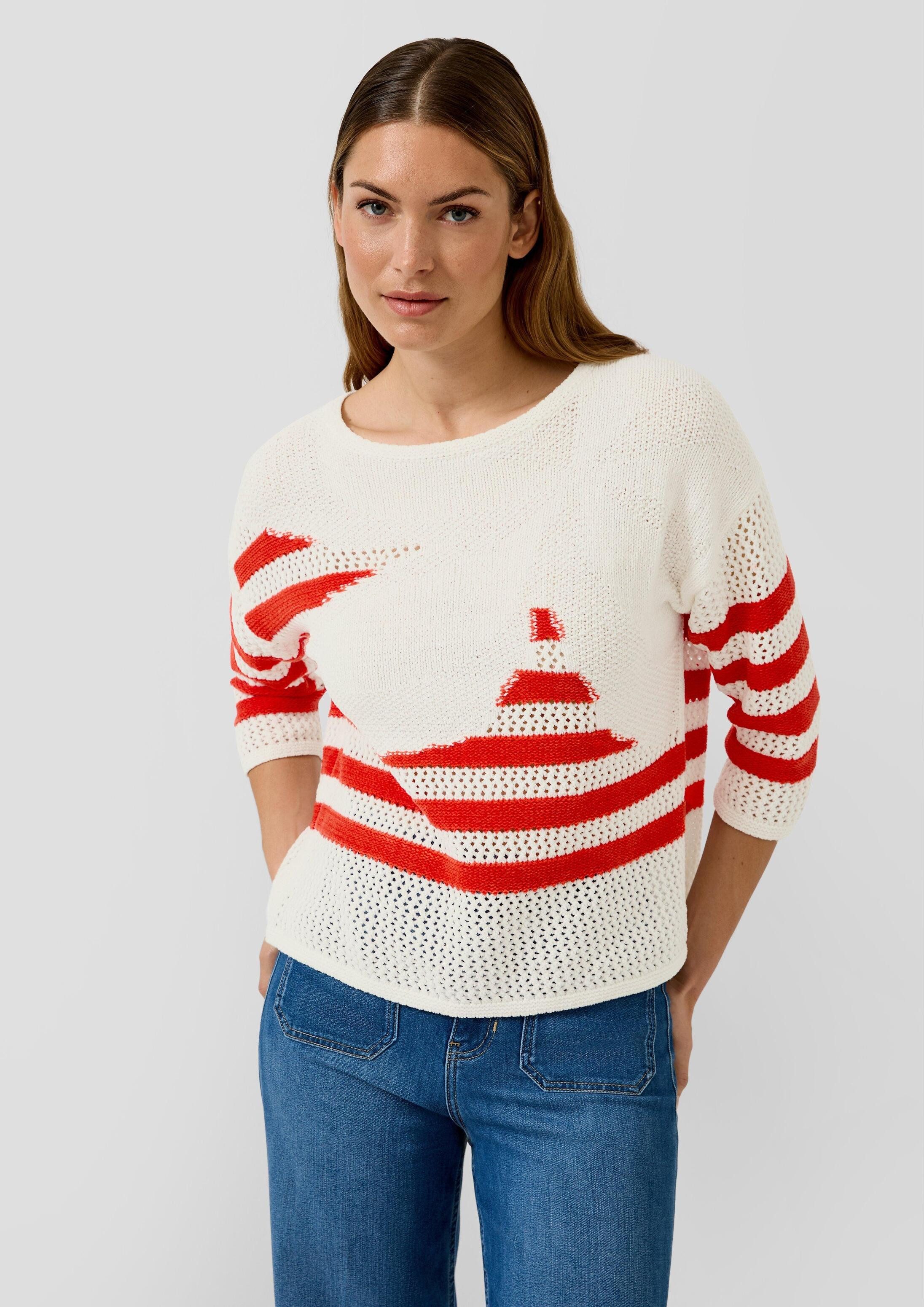 s.Oliver 3/4 Arm-Pullover Strickpullover Locker gestrickter Pullover im Relaxed Fit mit Blumen-Artwork