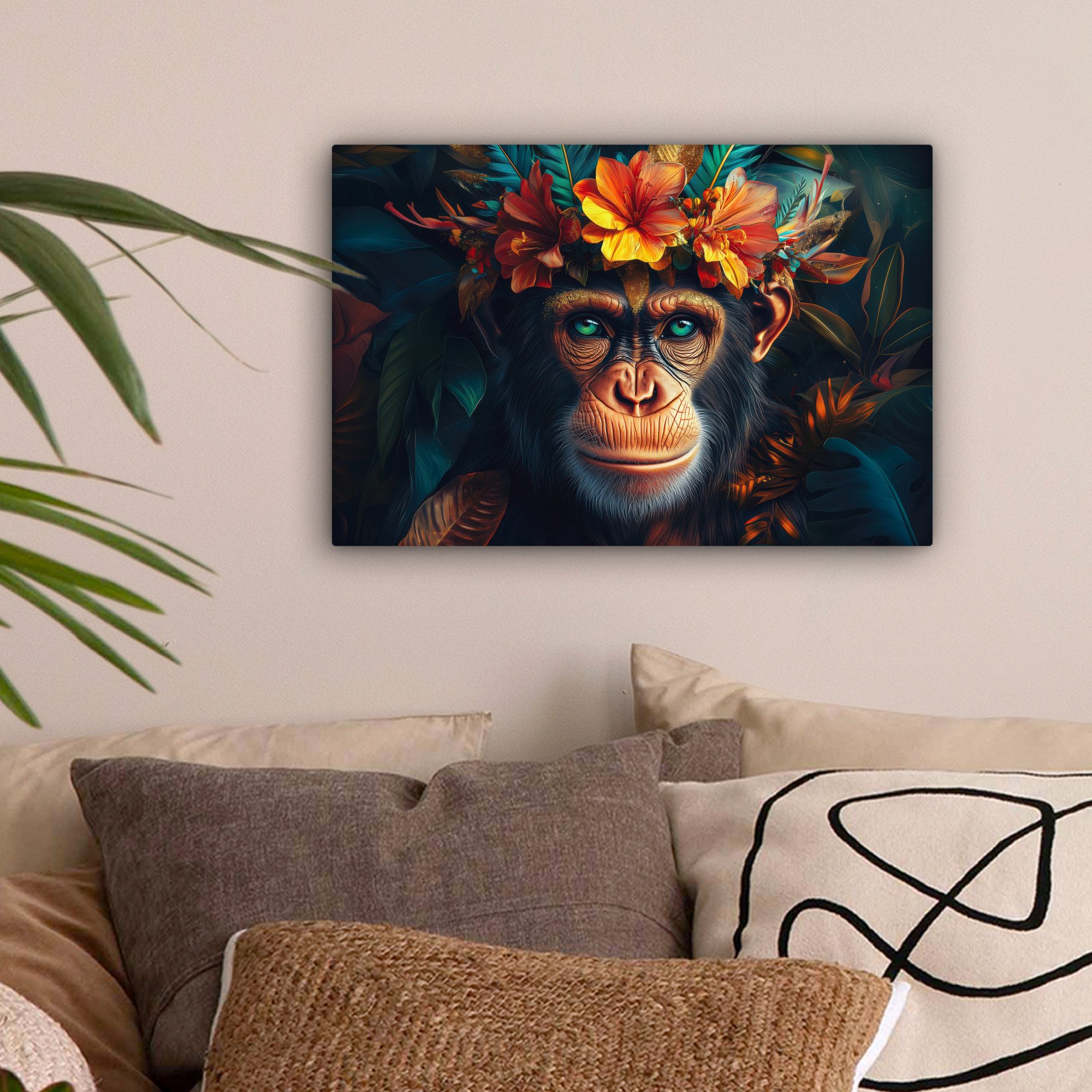 OneMillionCanvasses® Leinwandbild Schimpanse - Affe - Dschungel - Blumen - günstig online kaufen