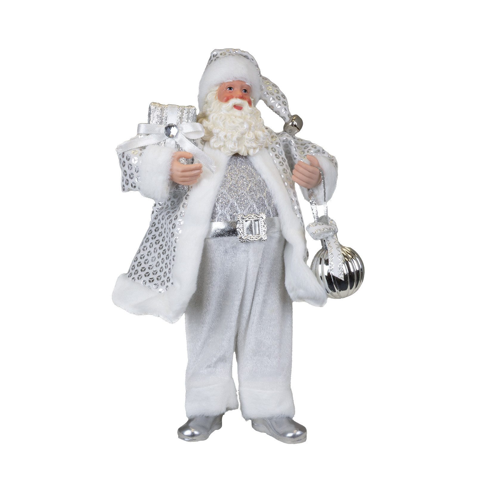 Christmas Paradise Weihnachtsmann stehend 28 cm (Santa, 1 St., Weihnachtsdeko), in silber mit Kugel und Geschenk
