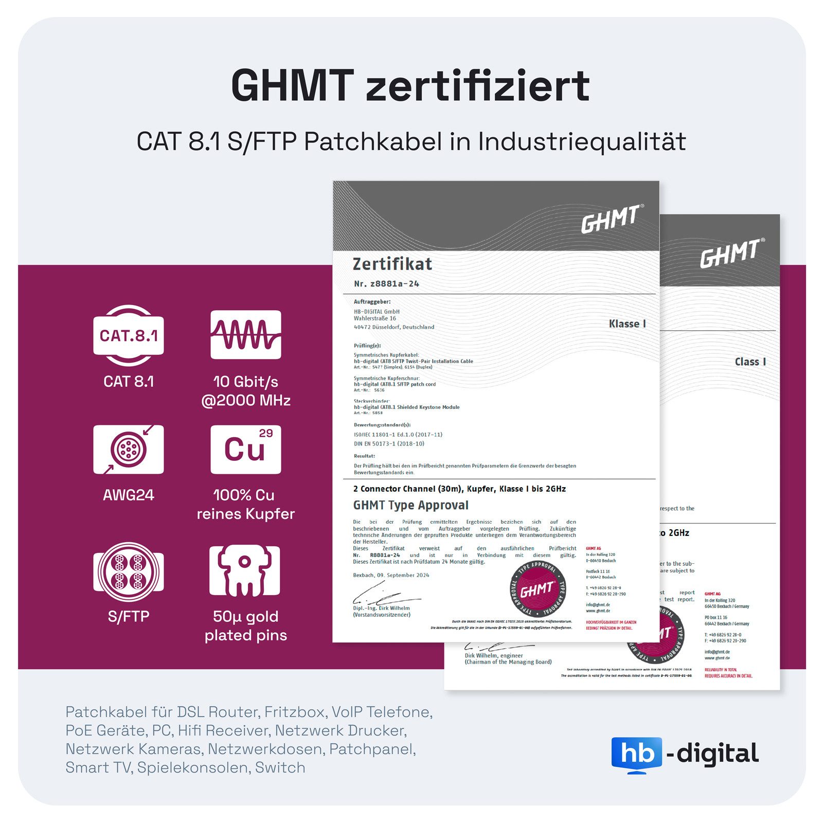 HB-DIGITAL Patchkabel CAT 8 LAN Kabel Netzwerkkabel CAT 8.1 RJ45 S/FTP LSZH Netzwerkkabel, (25 cm), Doppelte Abschirmung