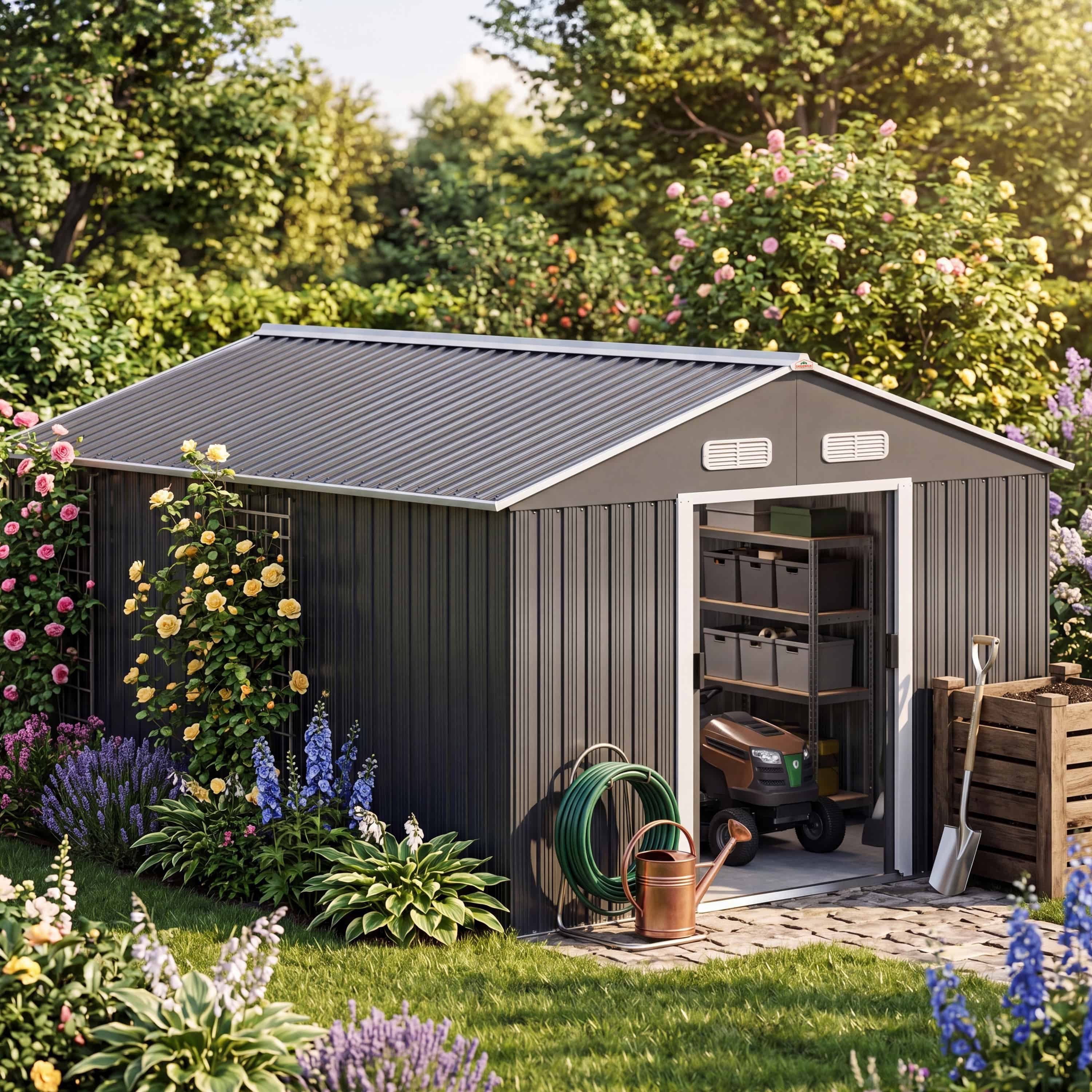 Gardebruk Gerätehaus, BxT: 312x257 cm, XXXL Metall 8m² mit Fundament 315x260x180cm Schiebetür Anthrazit