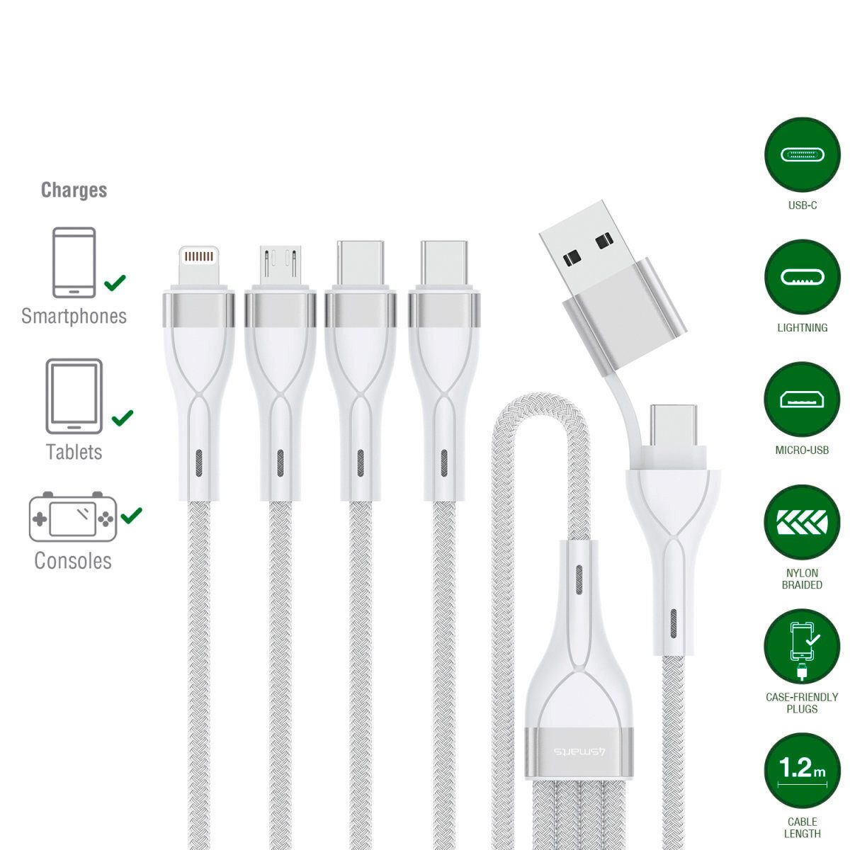 4smarts Multi-Ladekabel 4-in-2 USB-Kabel, Lightning, USB Typ A, USB-C, Micro-USB, (120 cm)