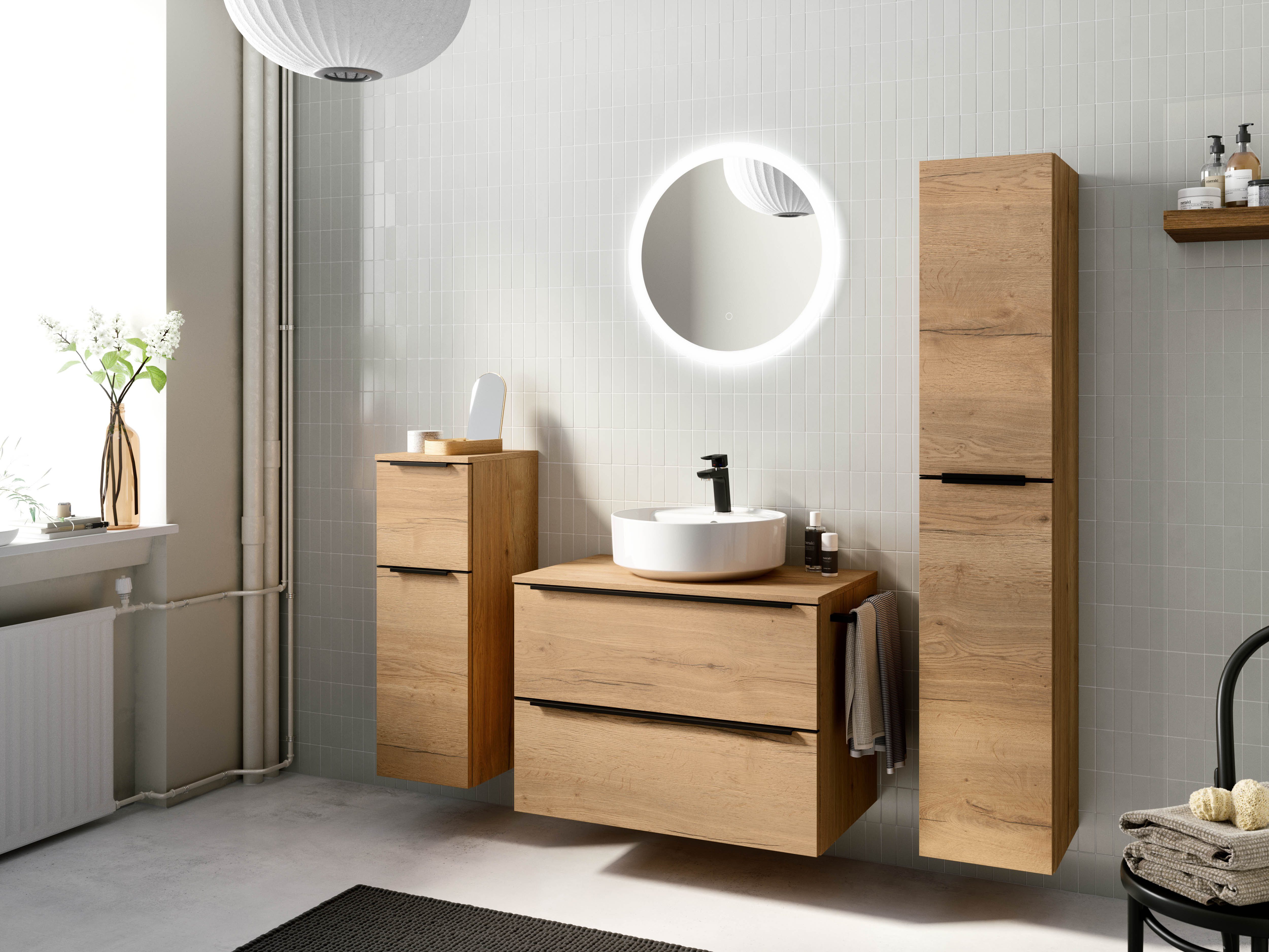 nobilia® Badmöbel-Set Alvene, (4-St., vormontiert, mit Soft-Close), inkl. Spiegel mit Touch-Sensor, in vier Breiten