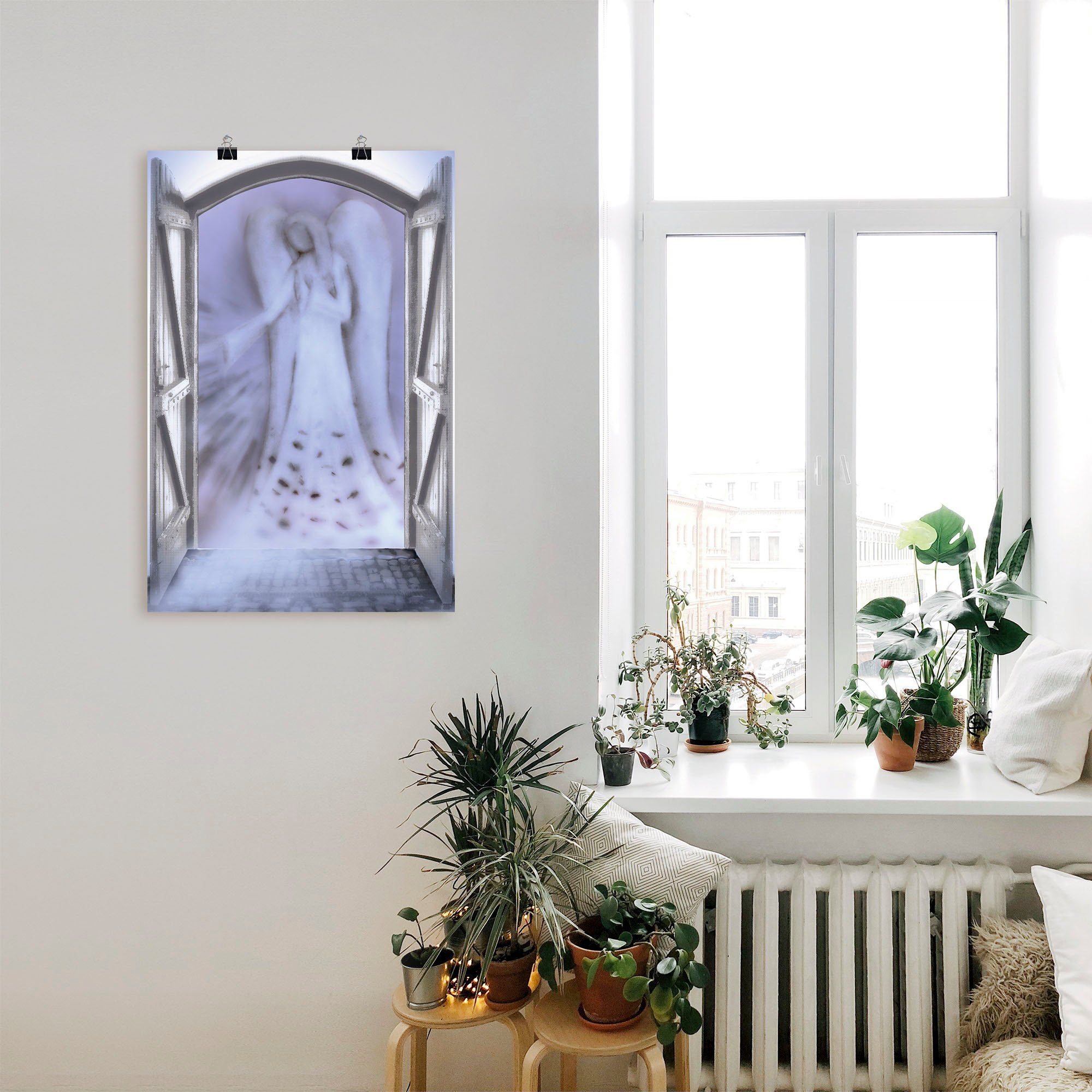 Artland Wandbild Fensterblick - Engel Poster als (1 in Größen Wandaufkleber Tür, vor Alubild, oder Religion versch. Leinwandbild, St), der