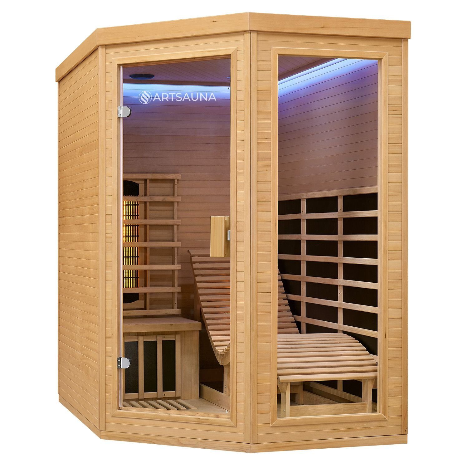 Artsauna Infrarotkabine Esbjerg Triplex-Heizsystem, für 2 Personen, Hemlock-Holz, Ionisator, HiFi-System, LED-Farblicht