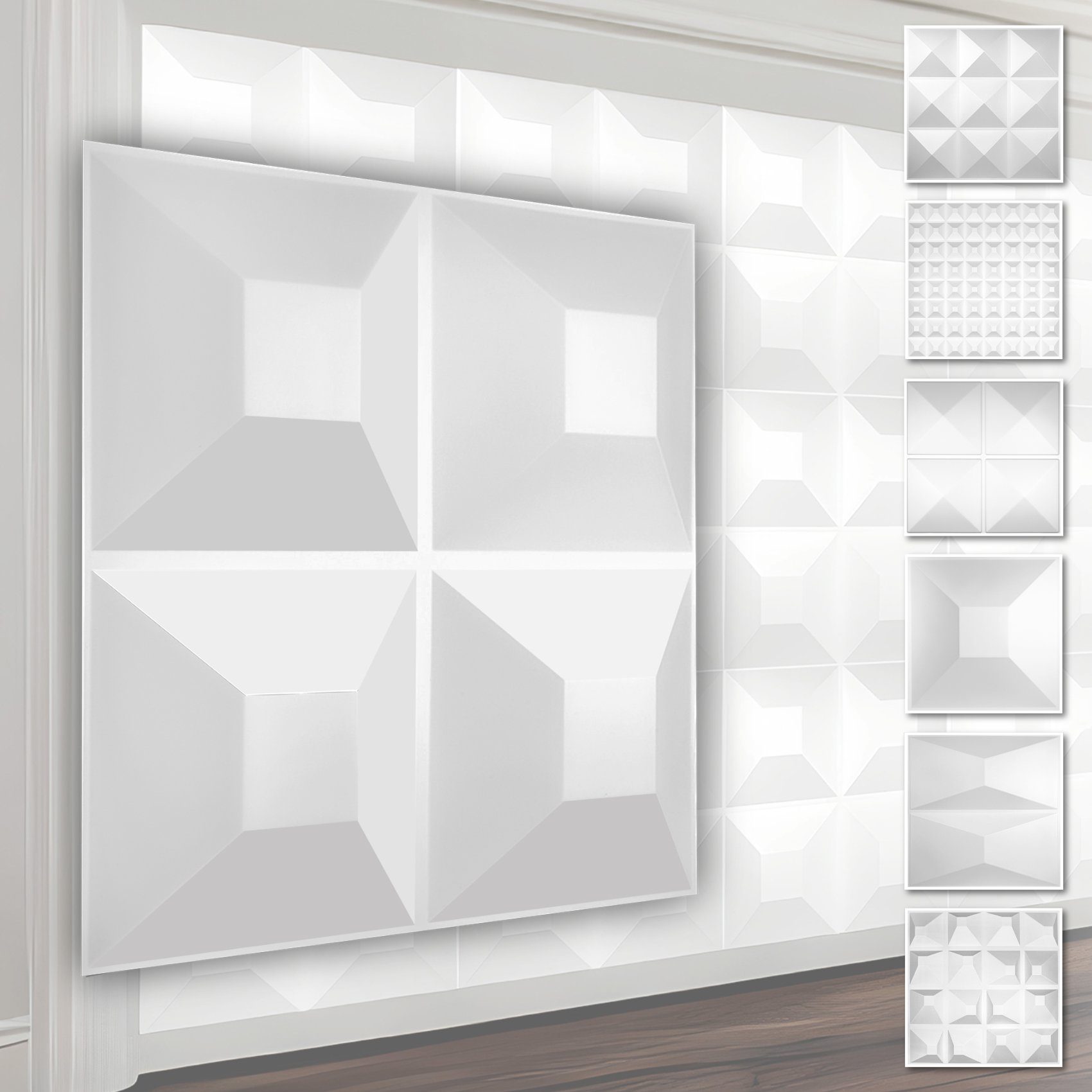 Hexim Wanddekoobjekt HD024-1 (PVC Kunststoff - weiße Wandverkleidung mit 3D Optik - Pyramiden Motive (0.25 qm 1 Platte) Feuchtraumpaneele Gaming)