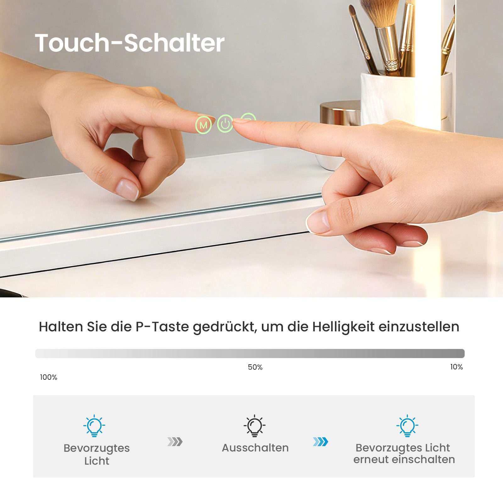 MEYKOERS Kosmetikspiegel Kosmetikspiegel mit beleuchtung und 3 Lichtfarben Dimmfunktion