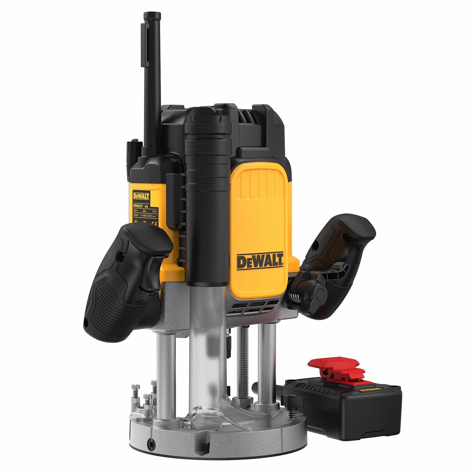 DeWALT STAK-Box Kantenfräse, Inkl. Zusatz-Schalter, Parallelanschlag, DeWalt T Absaugadapter, (Set), DWE627KT-QS Mauernutfräse Fräsmaschine, uvm Elektro-Oberfräse 2300W,