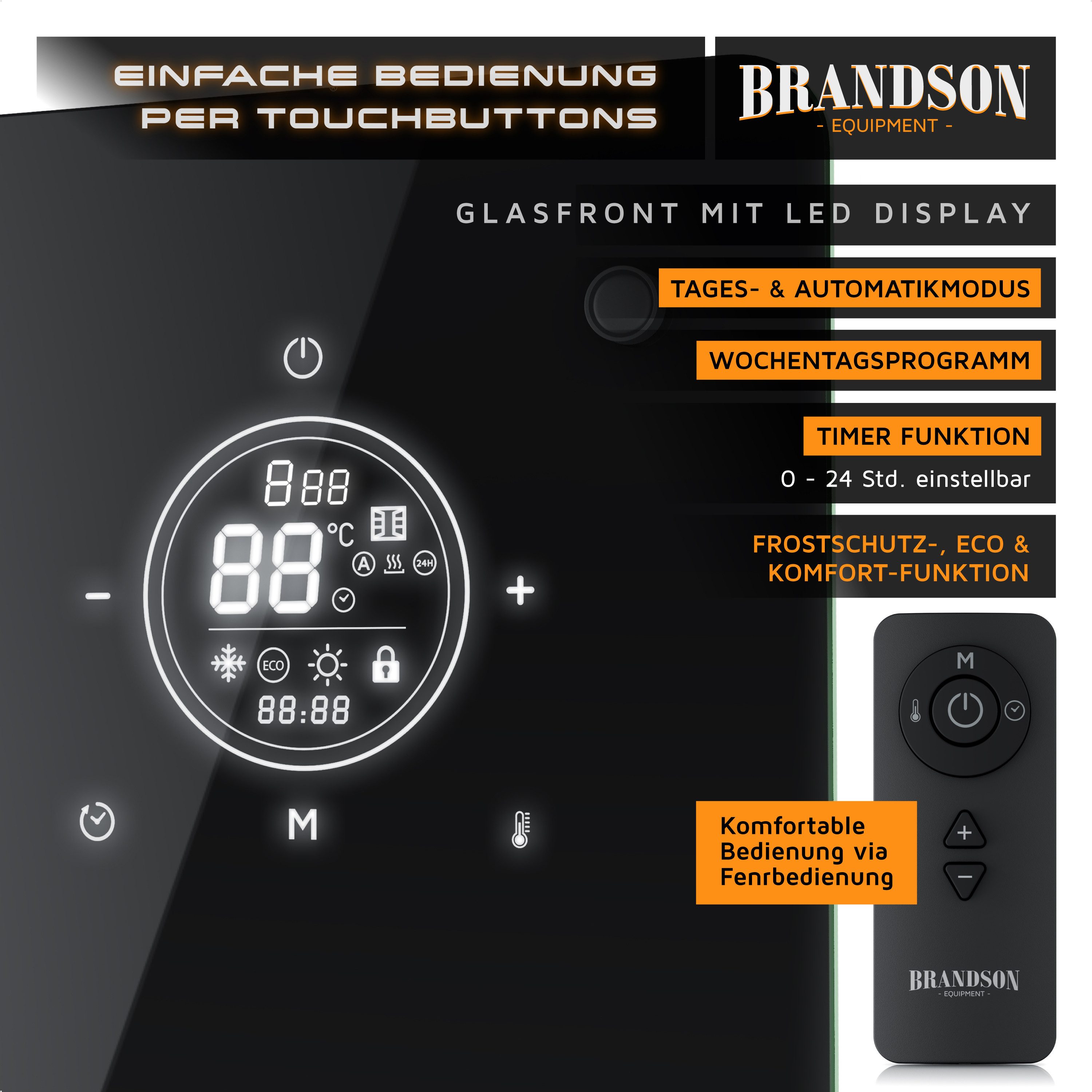 Brandson Konvektor Elektroheizung mit Glasfront schwarz, Wochenprogramm, Fernbedienung, 2000 W, Comfort-, ECO- & Frostschutz-Modus, 15-50 °C, 24h-Timer – Bild 4 von 5