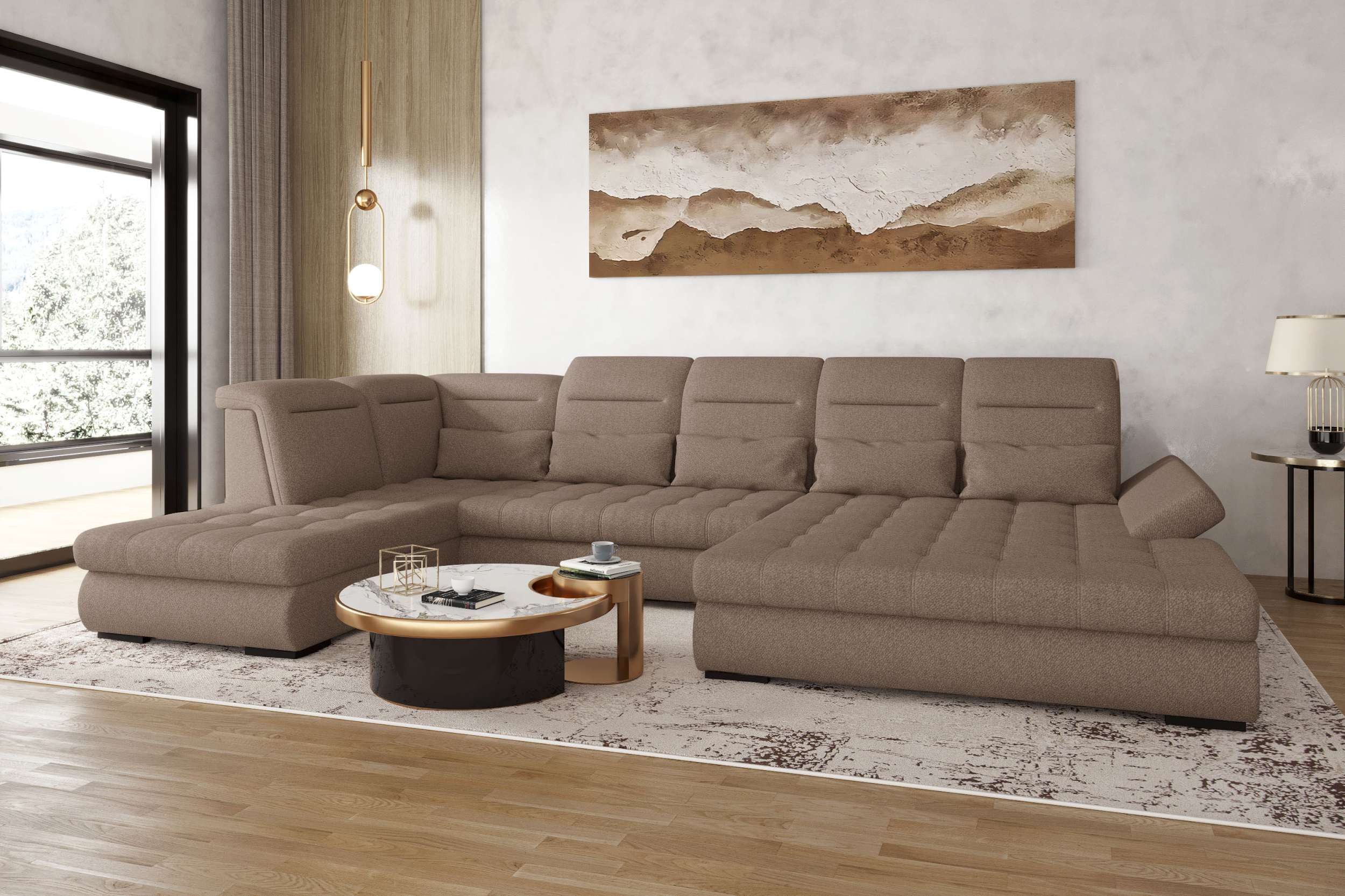 99rooms Wohnlandschaft Toscana, Sofa, U-Form, Bettfunktion, Rundumbezug aus gepolstertem Velours VOGUE