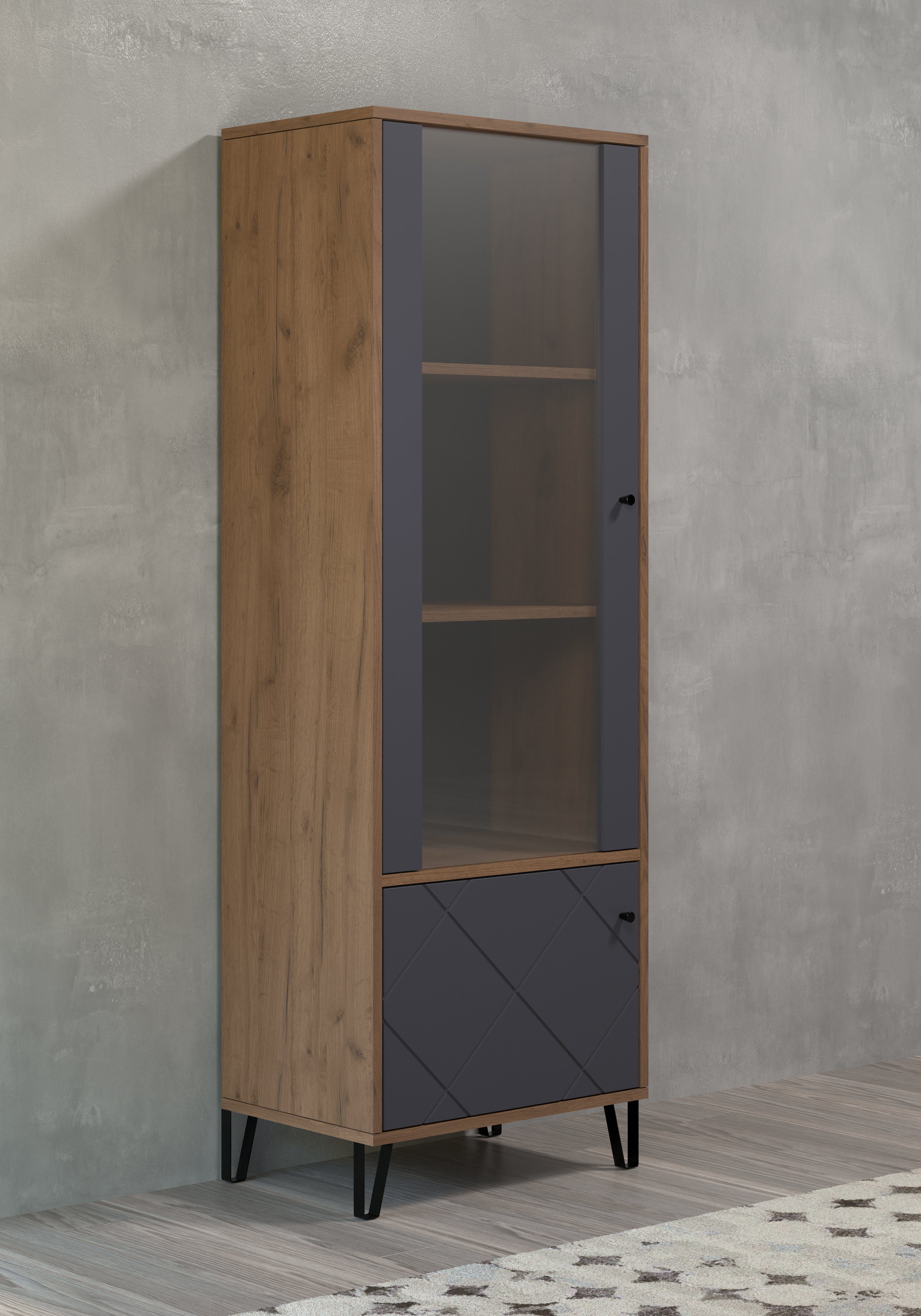 Vitrine Graphite-Quadratoptik,moderne (1-St) Mit Holzoptik,Soft-Close Eiche fühlbarer trendteam Montez