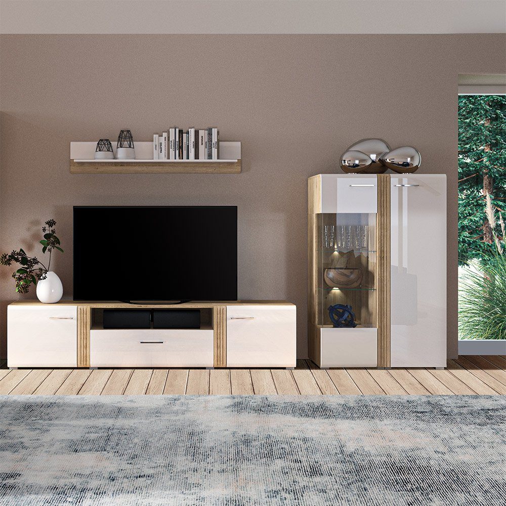 Lomadox Wohnwand AKRON-131, (3-St), moderne Anbauwand inkl. Lowboard, Wandboard, Highboard und Beleuchtung