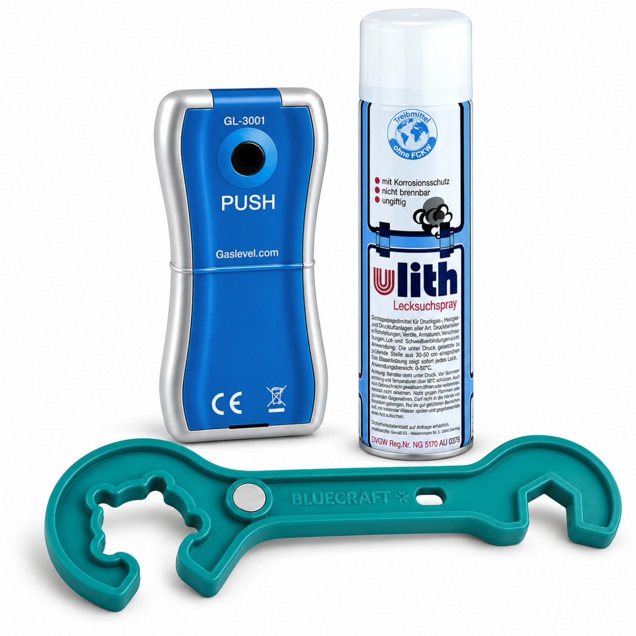 BlueCraft Druckminderer Gasflaschen Füllstandsanzeiger, Lecksuchspray & Gasreglerlöser Gas, (Füllstandsanzeiger, Lecksuchspray & Gasflaschenschlüssel), für 2,5 kg - 33 kg Stahlgasflaschen ideal für Camping