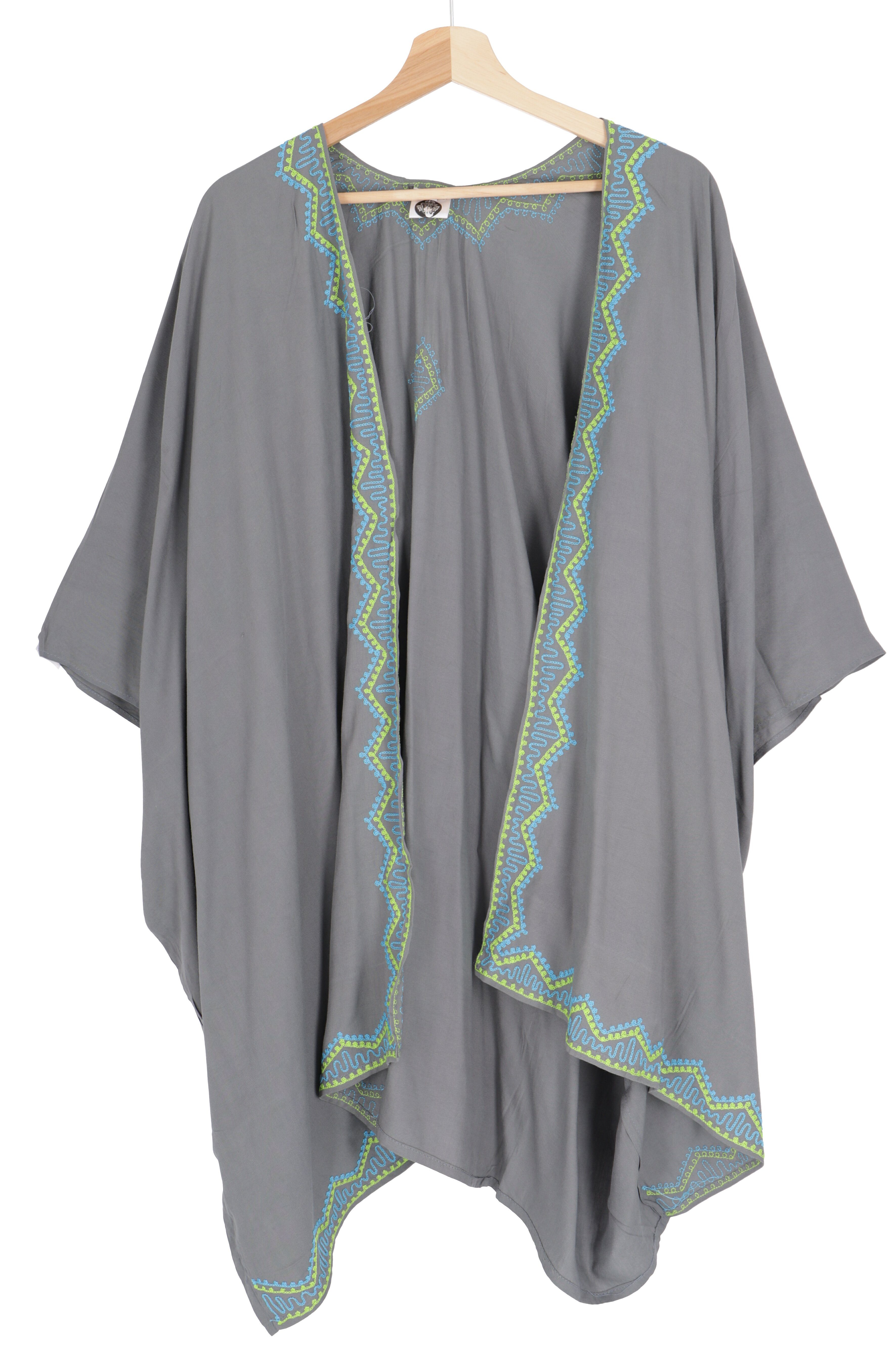 Guru-Shop Kimono Kaftan,.., Kimono, Kurzer grau bestickter Sommer alternative Bekleidung