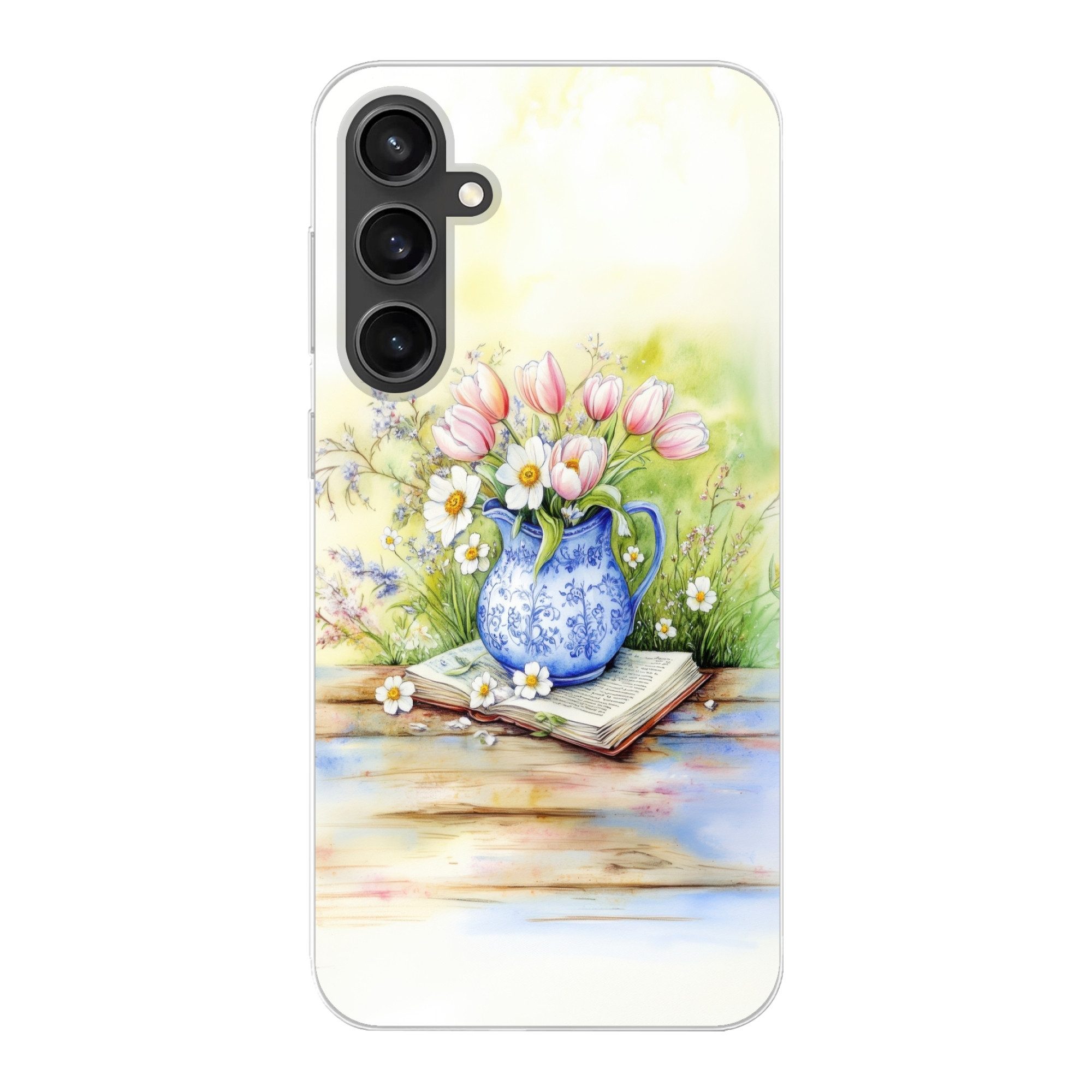 MuchoWow Handyhülle für Samsung Galaxy S23 FE Vase - Delfter Blau - Gänseblümchen