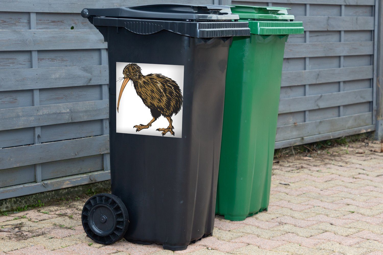 MuchoWow Wandsticker Illustration Mülltonne, St), Sticker, (1 braunen Container, eines Kiwi-Vogels Mülleimer-aufkleber, Abfalbehälter