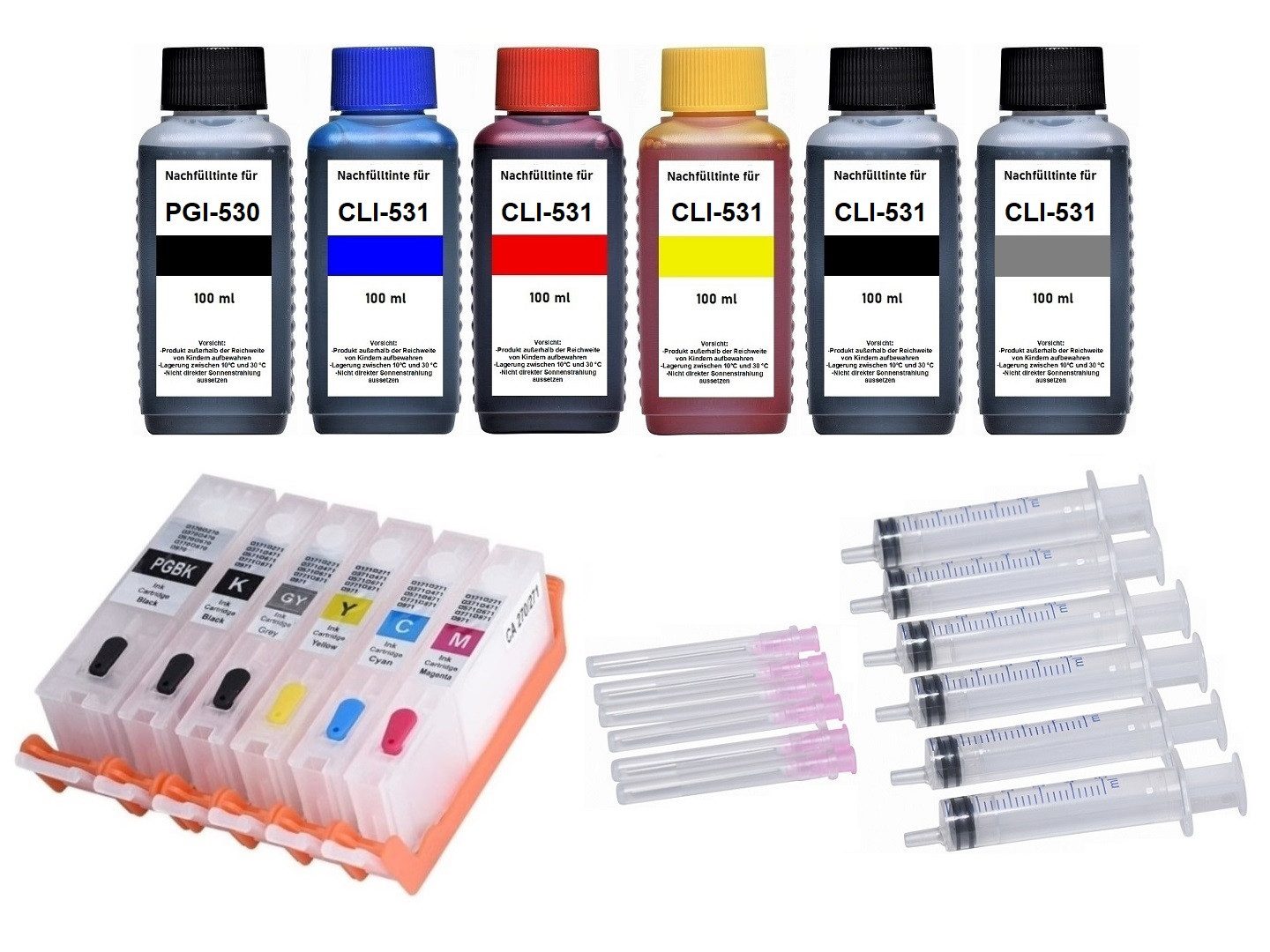 inkpro 6 nachfüllbare Druckerpatronen PGI-530 & CLI-531 + 600 ml Nachfülltinte (für Canon, für Pixma TS8500, TS8550, TS8551, TS8552, TS8700, TS8750, TS8751, x, incl. allem notwendigen Zubehör und Befüllanleitung)