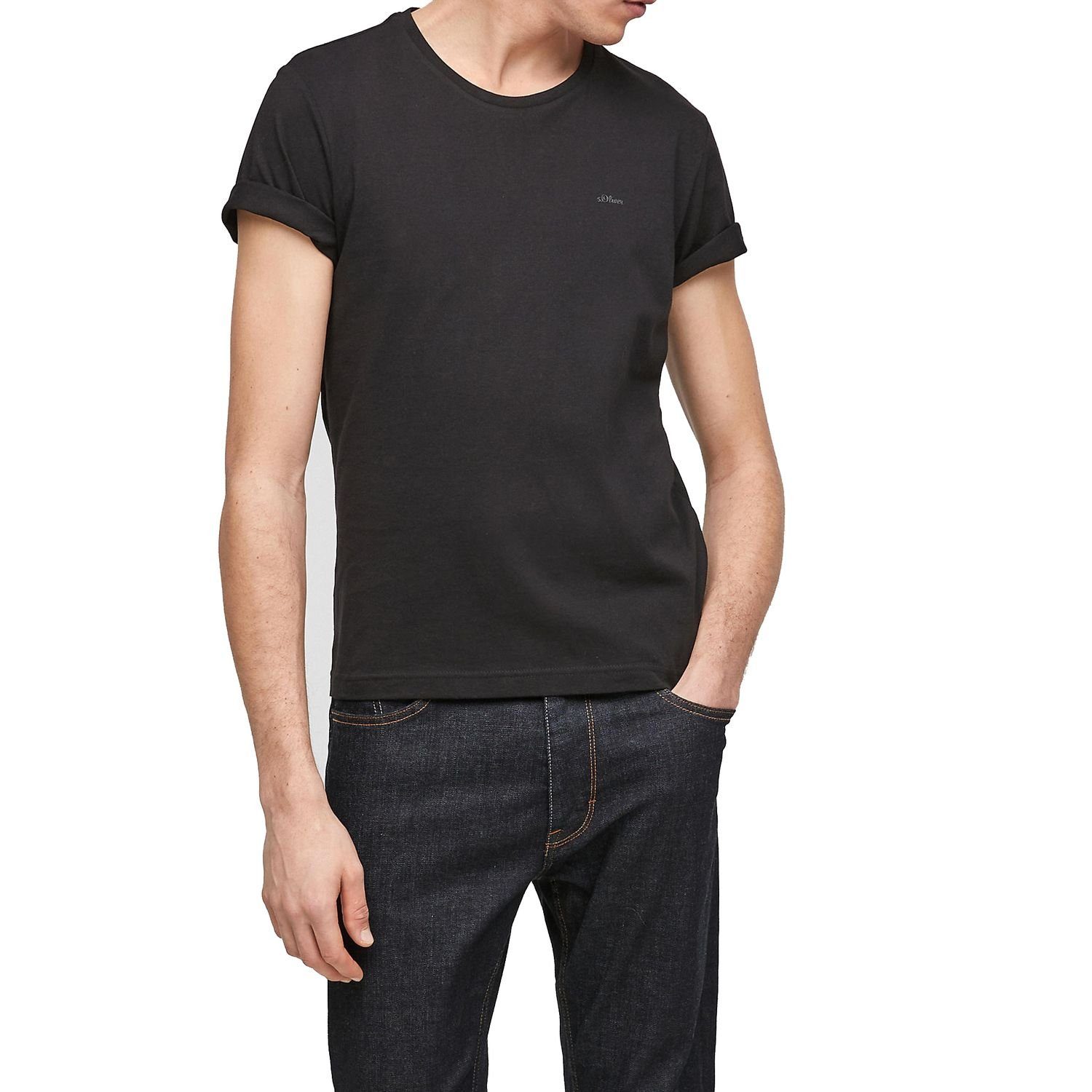 2er s.Oliver Basic, moderner mit (2-tlg) im schlicht, unifarben, T-Shirt Schwarz Pack Look Logo,