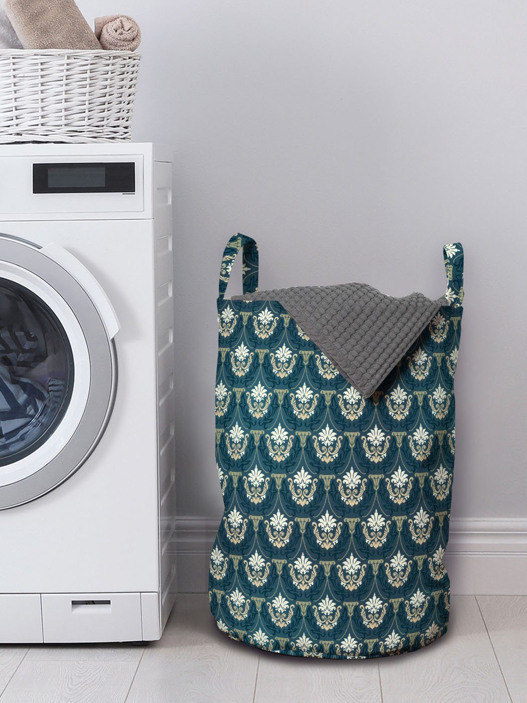Abakuhaus mit Griffen Kordelzugverschluss für Waschsalons, Foliage Damast Wäschesäckchen Motiv Victorian Wäschekorb