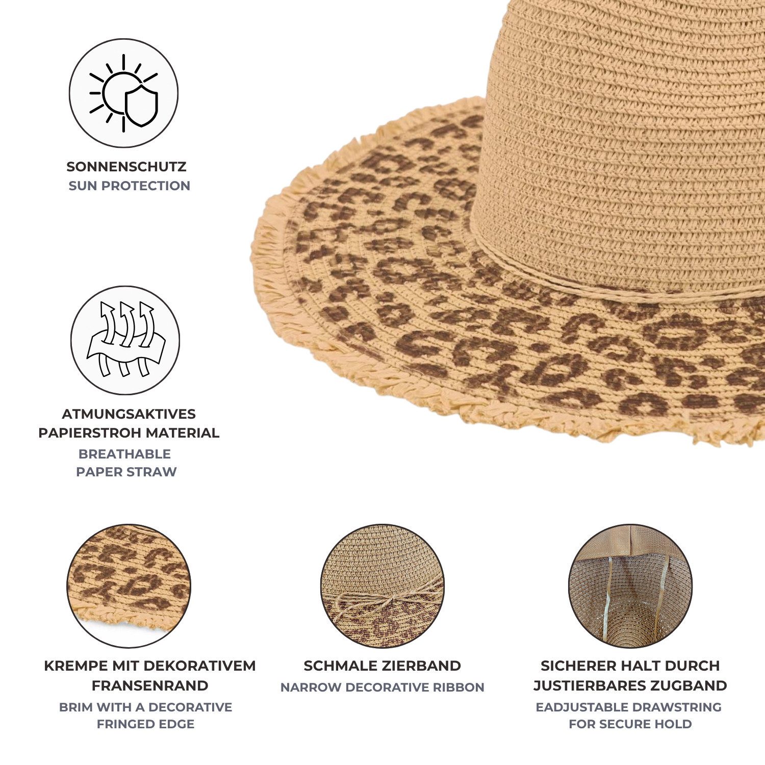 styleBREAKER Sonnenhut Panama Strohhut mit Leoparden Muster (1-St) – Bild 5 von 5