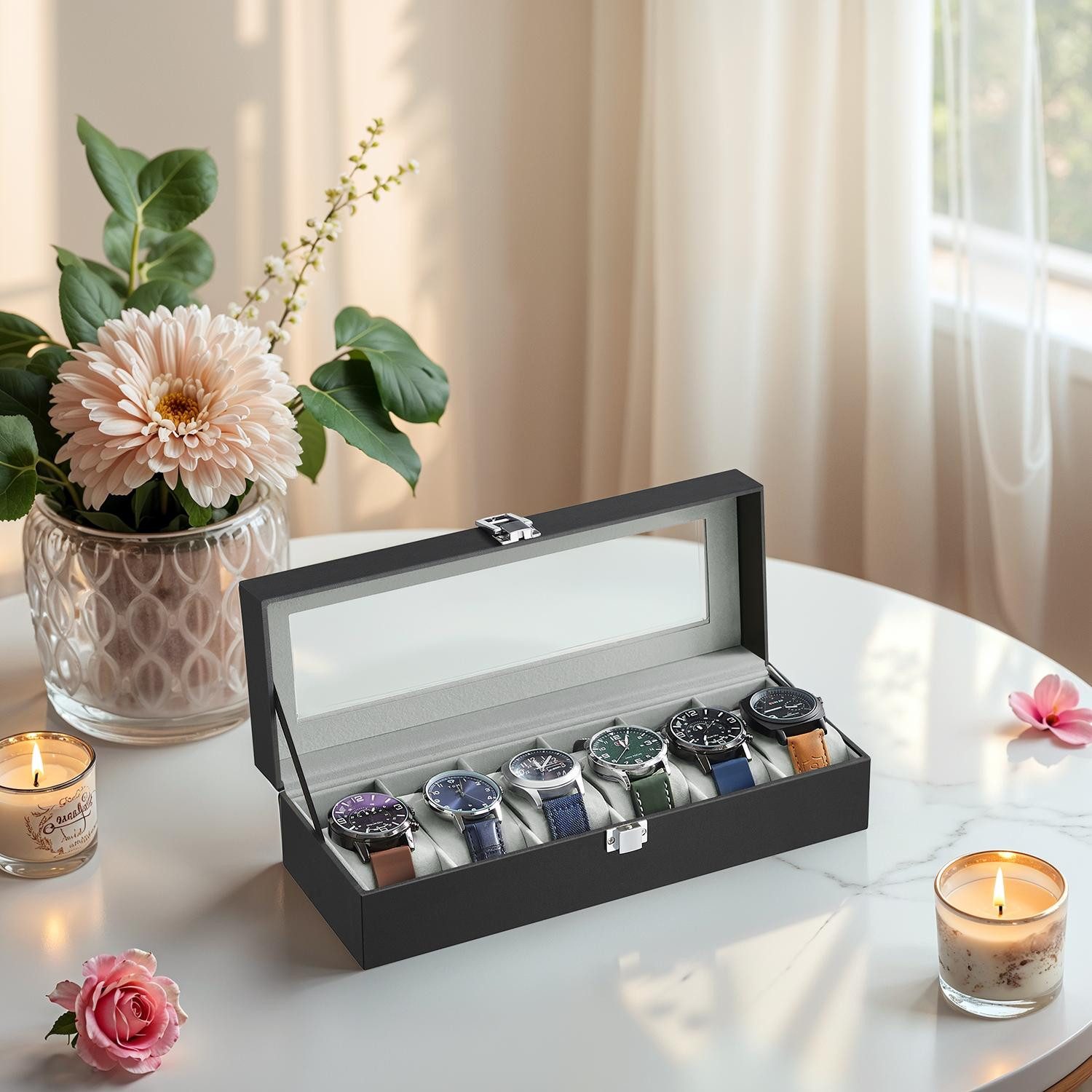 SONGMICS Uhrenbox 6 Fächern, Uhrenkasten, herausnehmbare Uhrenkissen, 11,2 x 30 x 8 cm, Glasdeckel, Geschenkidee, PU-Bezug in Schwarz, Samtfutter in Grau