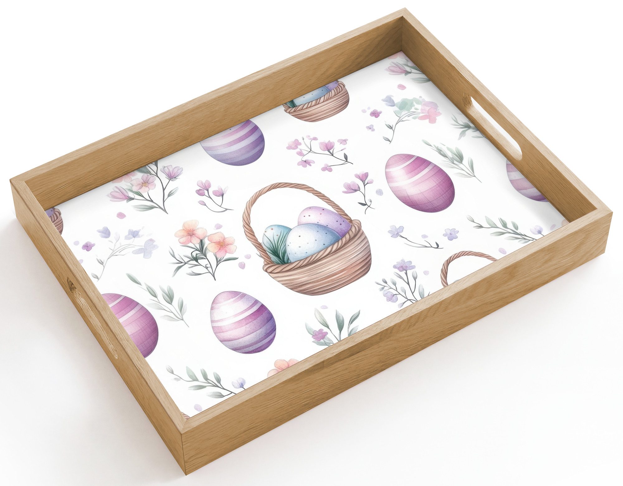 OnlyWow Tablett Rechteckig mit Henkel Blumen - Ostereier - Muster, Eichenholz, (1-tlg), Siervierplatte, Tray, Frühstücksbrett