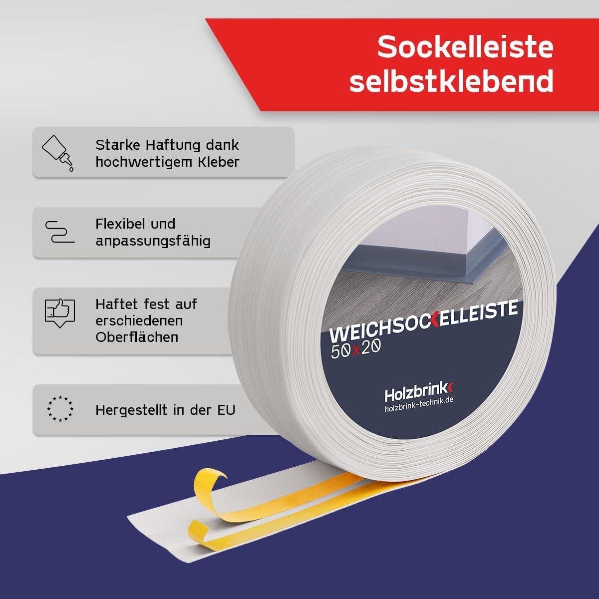 HOLZBRINK Sockelleiste HOLZBRINK selbstklebend PVC 50x20mm, 1 m, L: 100 cm, 1m Rolle, Küchenleiste Abschlussleiste für Badezimmer Farbe: Birke