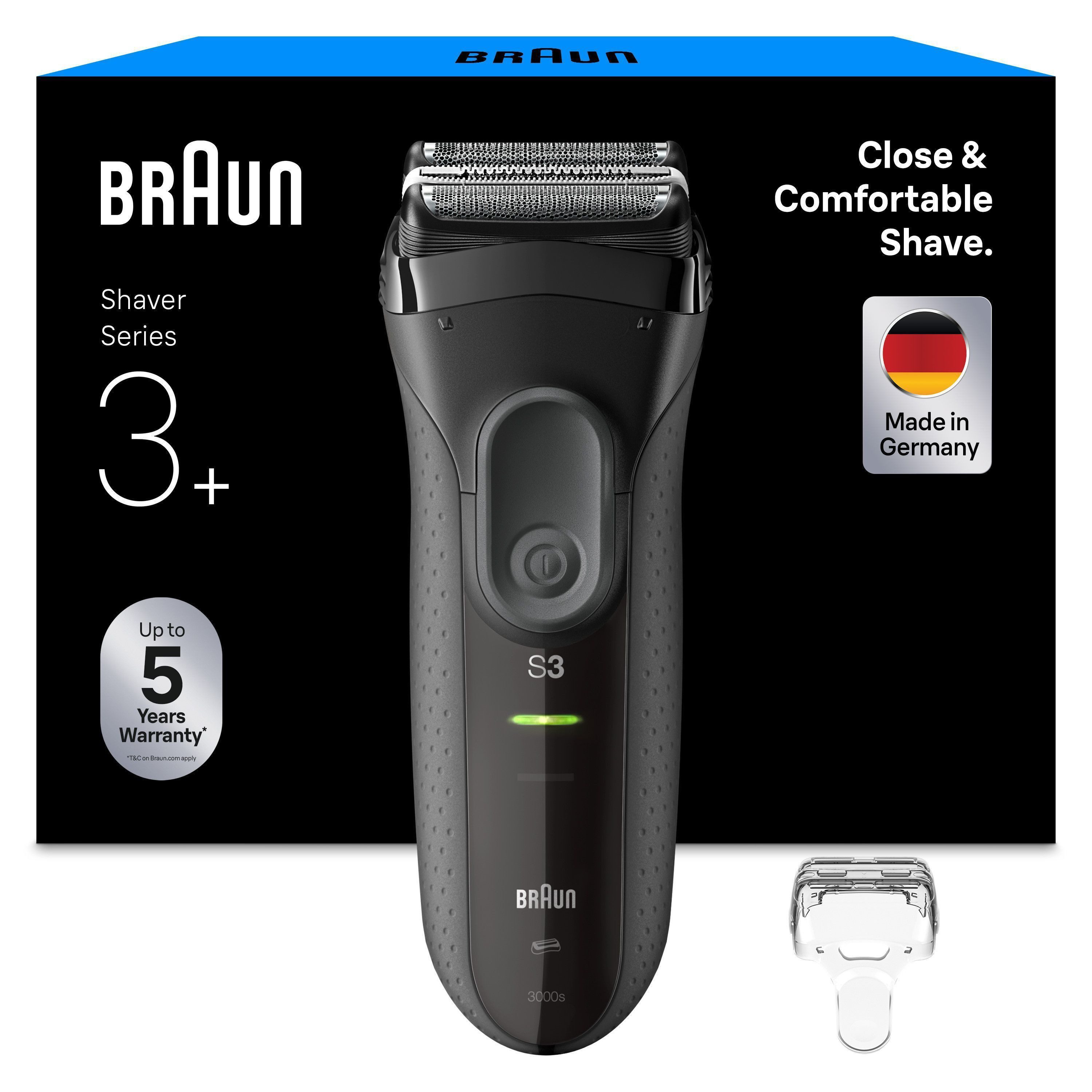 Braun Elektrorasierer Series 3+ 3000s, 3 flexible Klingen, effizienter MicroComb Mitteltrimmer