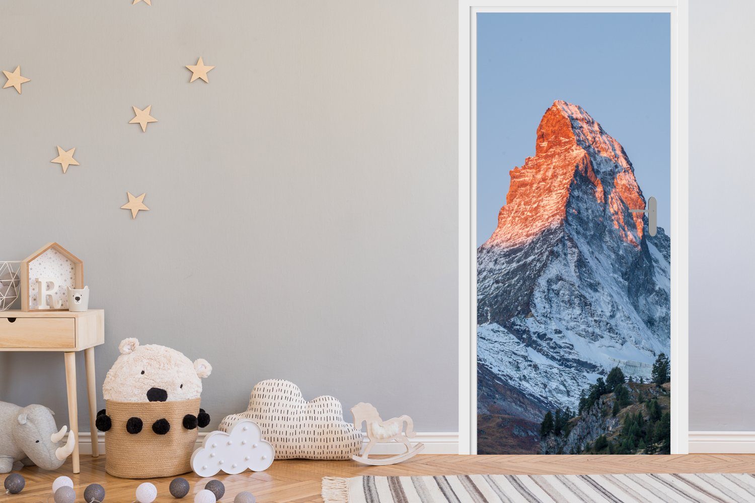 (1 Schweiz Tür, Türaufkleber, bedruckt, MuchoWow Sonnenaufgang, 75x205 Fototapete Türtapete für bei cm der Matterhorn in St), Matt, Das