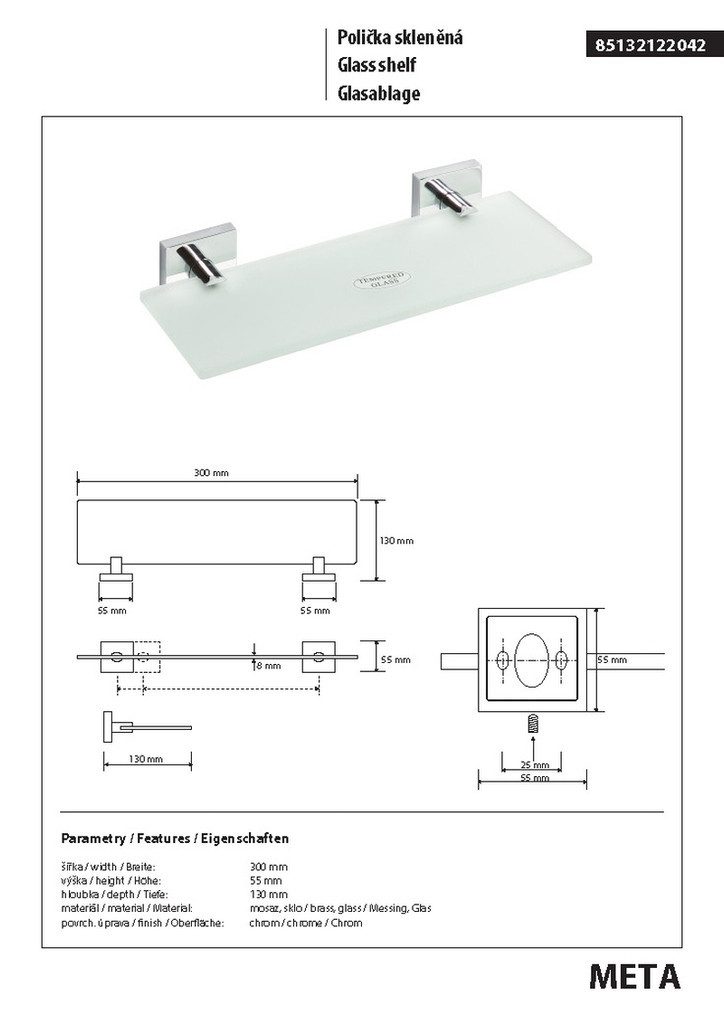 BRILLANTBAD® Duschablage META Glasablage Messing Chrom poliert für Bad & Küche >> zum Bohren